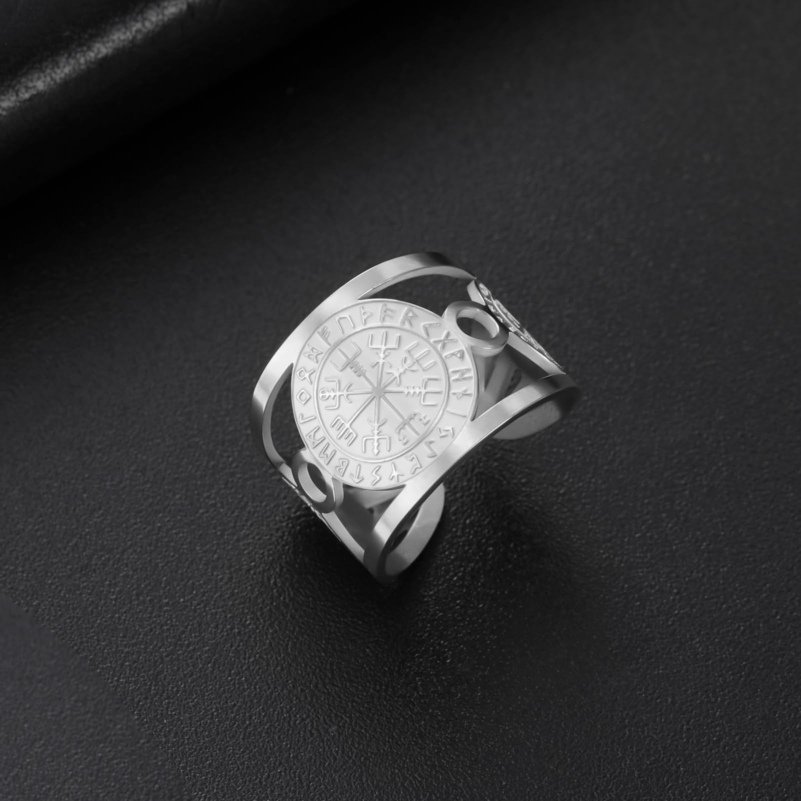 TEAMER Regulowany pierścień Vegvisir ze stali nierdzewnej nordycki kompas runiczny ochrona i przewodnik amulet biżuteria dla kobiet