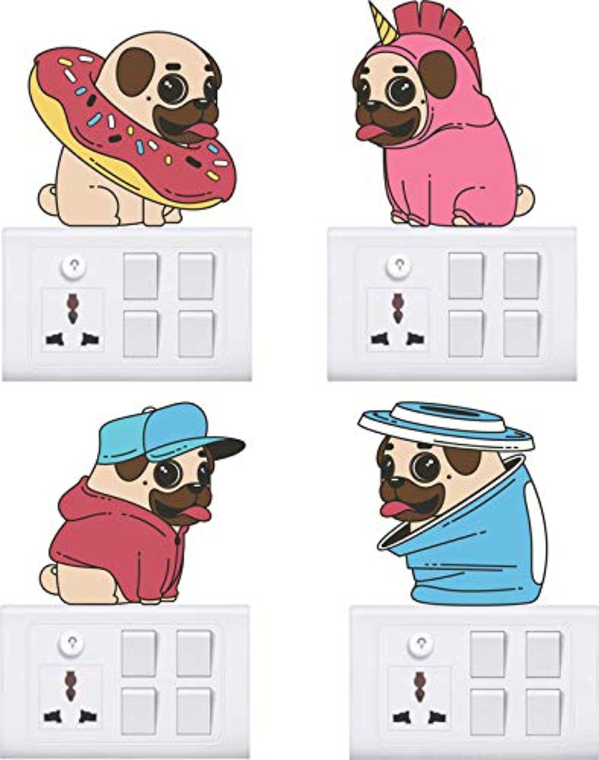 Byte Shop Self Adhesive Wall Sticker Small Switch Board/Penal Decorative Colorful Wall Decal Sticker of Cute Pug Dog (PVC Vinyl Multicolor)