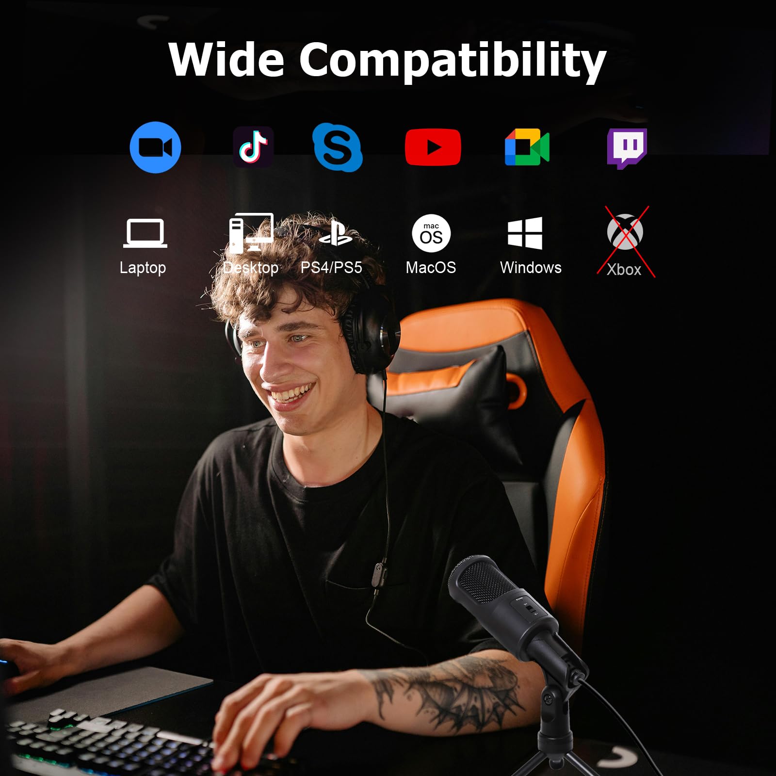 Mikrofon USB, mikrofon pojemnościowy do podcastów Omni ze składanym statywem do przesyłania strumieniowego, gier, podcastów, nagrywania, rozmów, głosów, Twitch, YouTube, na komputerze,
