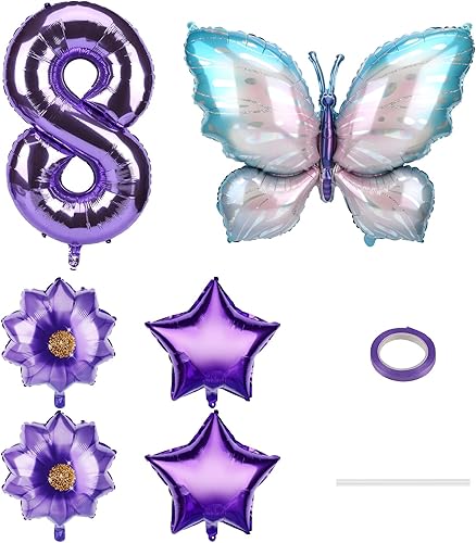 Miniatura 10 de Juego de 6 globos de mariposa grandes de 40 pulgadas, globo de mariposa púrpura con número de aluminio de 40 pulgadas con globos en forma de flor y