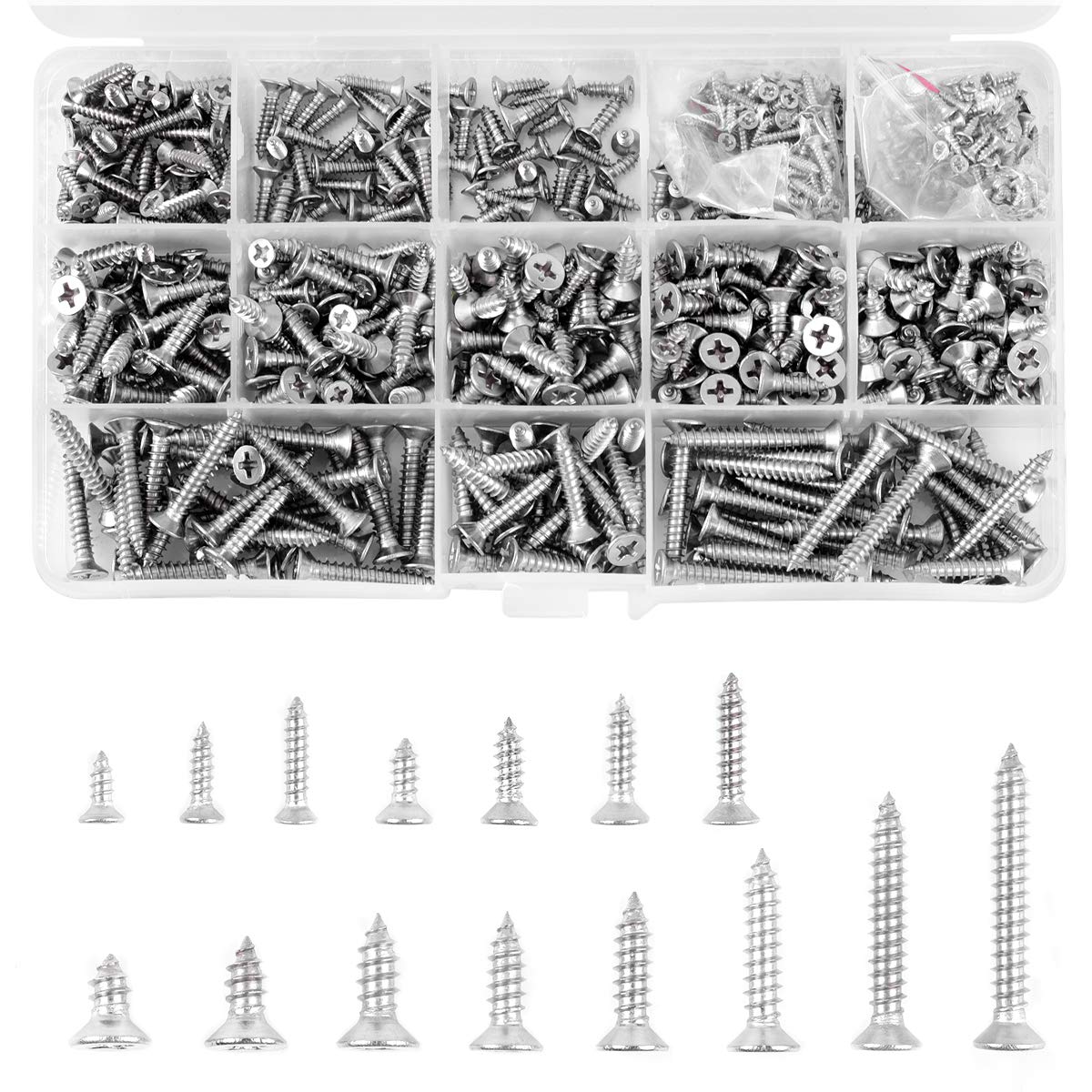 Loscrew 620Pcs M2 M3 M4 Phillips Cross Drive Self-Tapping Screws Kit, 15 Kinds of Size 304 Stainless Steel Self Tapping Countersunk Screw for Wood Furniture Household Appliances or DIY