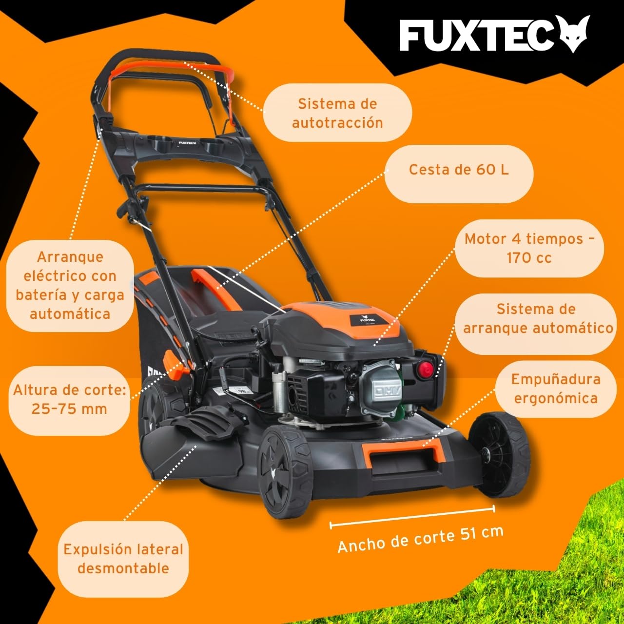 FUXTEC Cortacésped autopropulsado de Gasolina con Arranque eléctrico FX-RM5170eS 4en1-170 cm3 4CV, 4 Tiempos, Ancho de Corte 51 cm, Alto de Corte 7 Pos. 60L, Función Mulching & Descarga Lateral