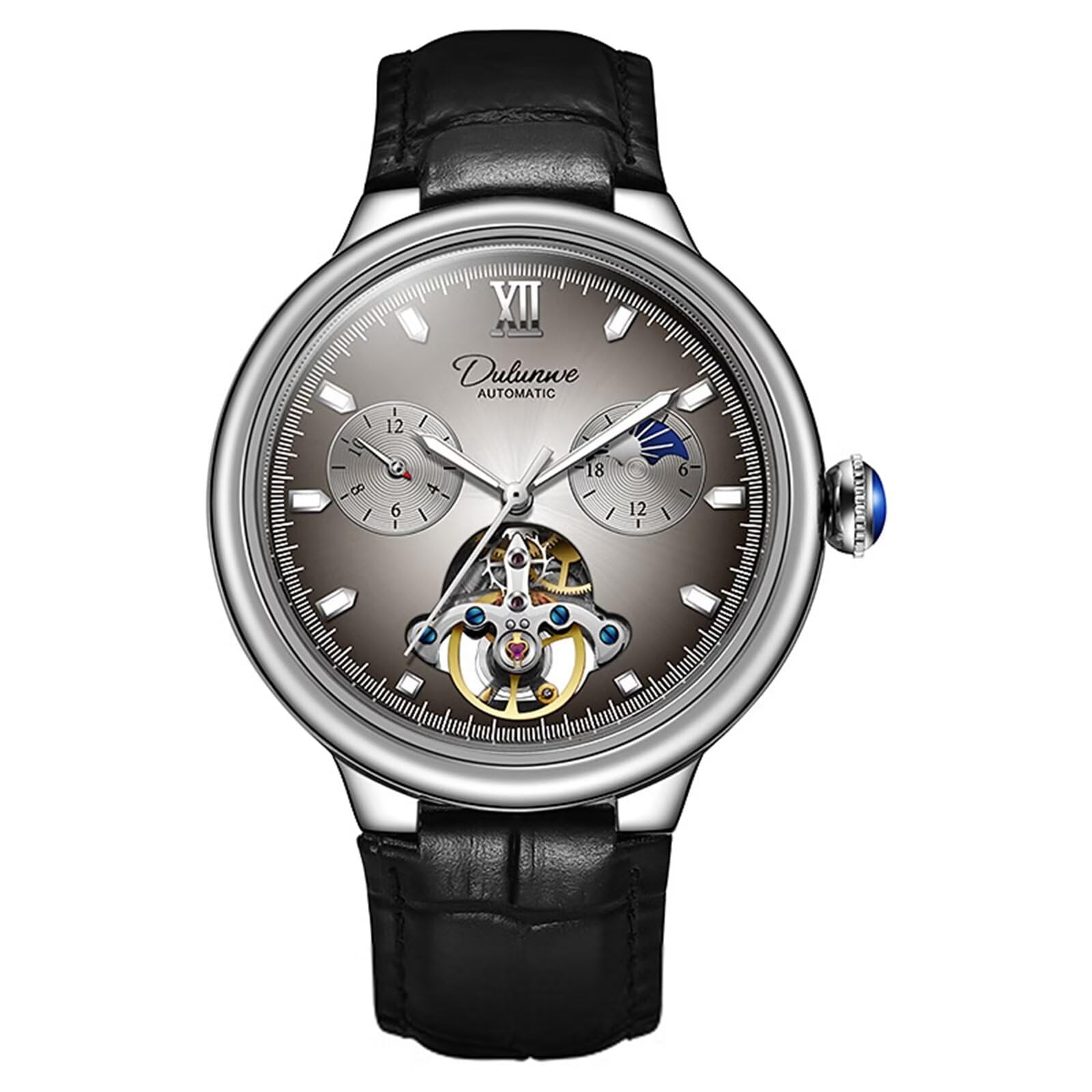 Herren-Armbanduhr, mechanisch, Handaufzug, Lederarmband, Mondphase, Tourbillon, großes Zifferblatt, Business-Automatikuhren, leuchtend