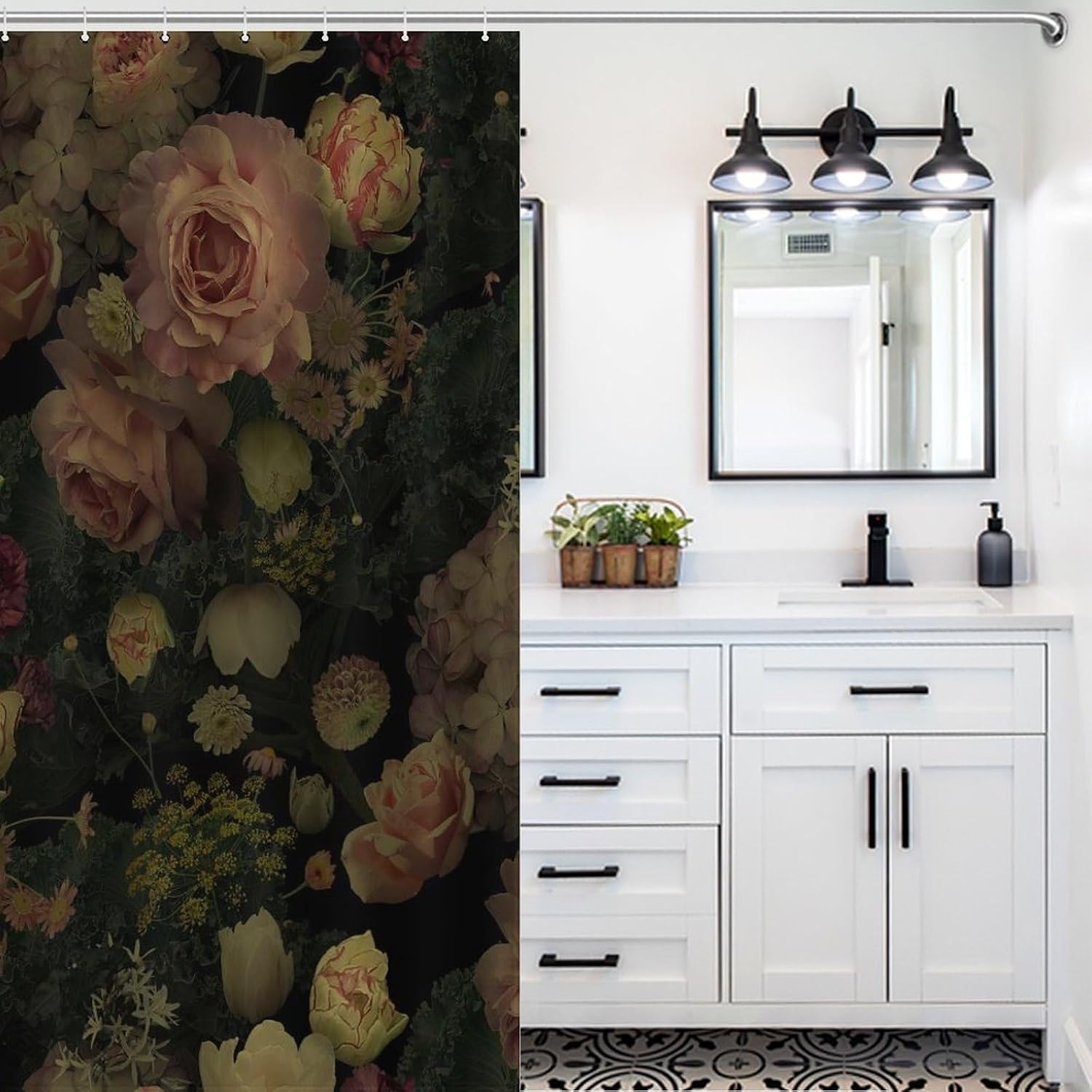 Gothic Floral Shower Curtain, Rustic Farmhouse Retro Flower Watercolor Plant Boho Halloween Shower Curtain Sets for Bathroom Fabric Bath Curtain 12 Hook 55x72Inch（140x183cm）