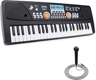 Pyle Piano de teclado eléctrico, piano de karaoke digital de 49 teclas con altavoces estéreo, batería recargable y micrófono con cable, diseño de teclado compacto y portátil, 21 x 7 x 2 pulgadas