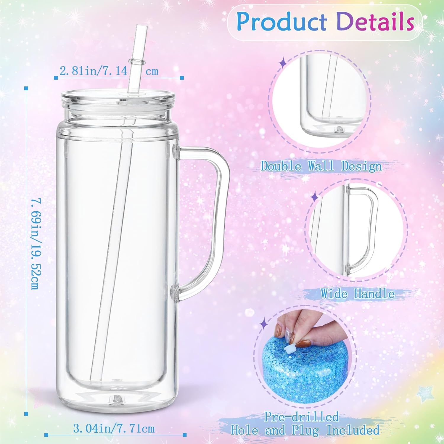 20 Oz Acrylic Snow Globe Tumbler Cup with Handle, Double Wall Plastic Snowglobe Tumbler with Pre-Drilled Hole and Plug for Glitter DIY, 8 Pack - Image 3