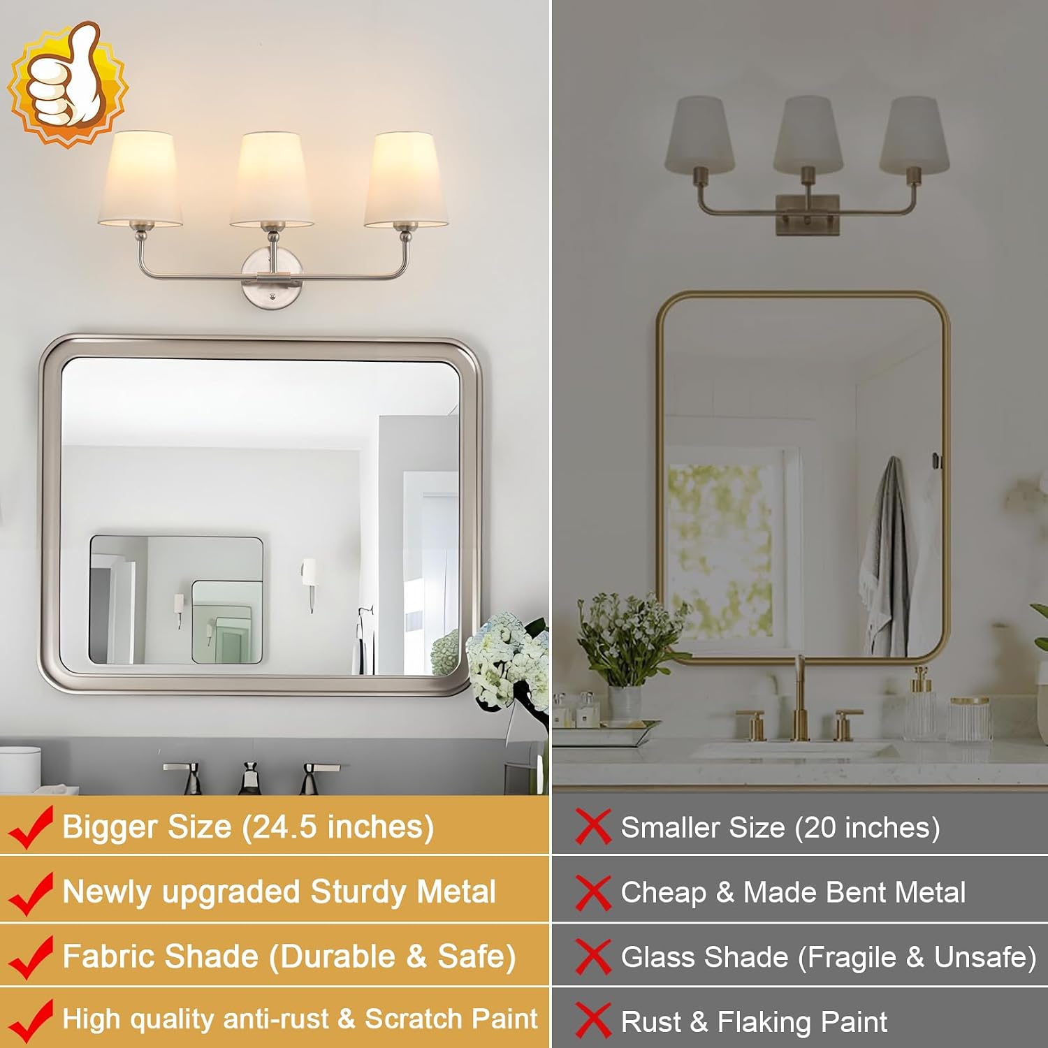 Bathroom Light Fixtures, 3-Light Brushed Nickel Vanity Lights, 24.5" Bathroom Lighting Fixtures Over Mirror with White Flared Fabric Shade, Modern Wall Sconces for Bathroom Bedroom Living Room Hallway