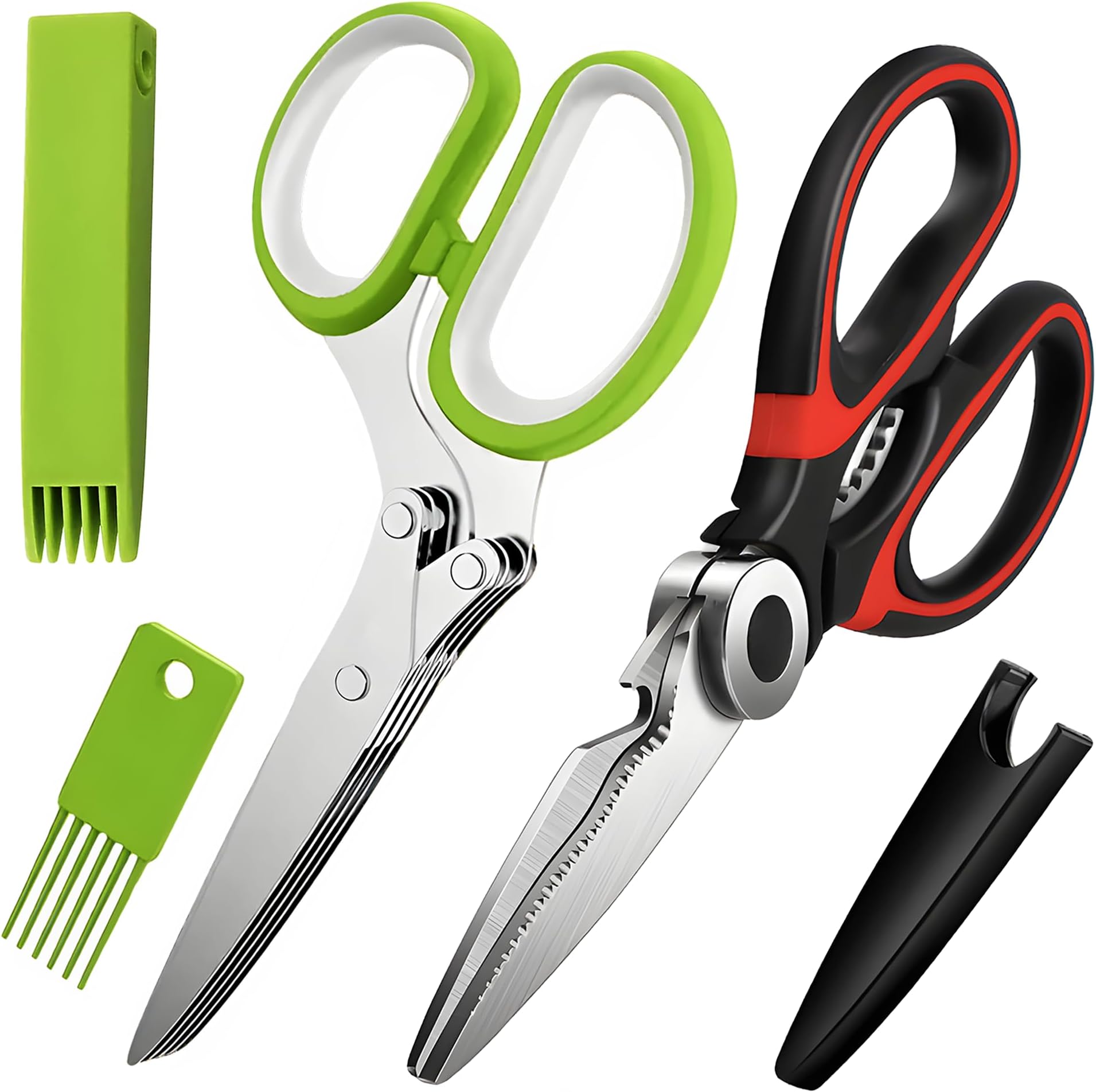 Kitchen Shears Set - 5 Blade Herb Scissors & Heavy-Duty Kitchen Scissors for Meat, Poultry, Salad & Vegetables - Dishwasher Safe - Multipurpose Stainless Steel Shears with Safety Covers - 2 Pack