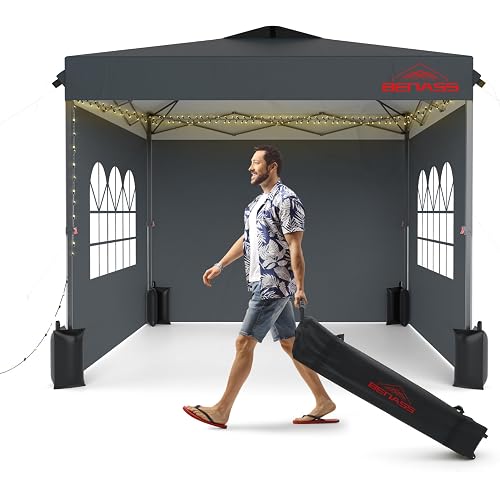 10x10 Pop Up Canopy with Sidewalls, Easy Up Canopy Tent, Heavy Duty Tents for Parties, One Person Set Up Event Tent, Grey