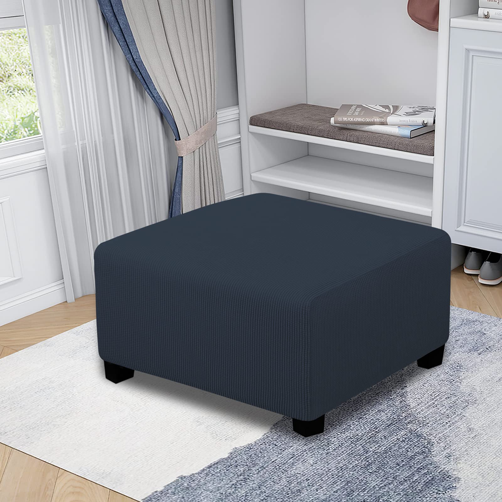 Easy-Going Funda elástica para otomana, plegable, protector de muebles, funda rectangular suave con parte inferior elástica (mediano, azul oscuro)
