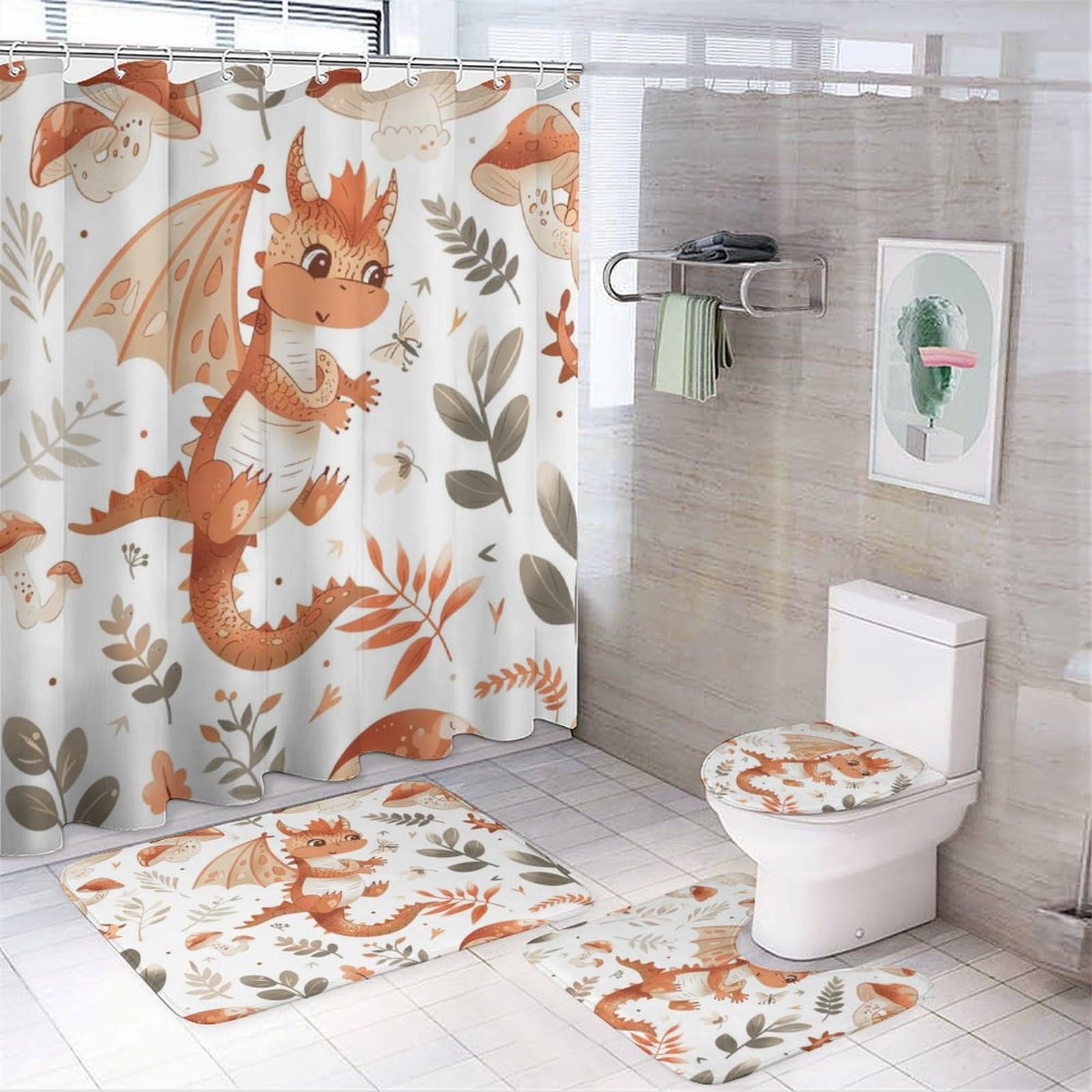 TOWINSFB 4Pcs Cartoon Animal Plant Shower Curtain Set with Toilet Lid Cover U-Shaped Mat and Non-Slip Rugs, Orange Dragon Mushroom Shower Curtain
