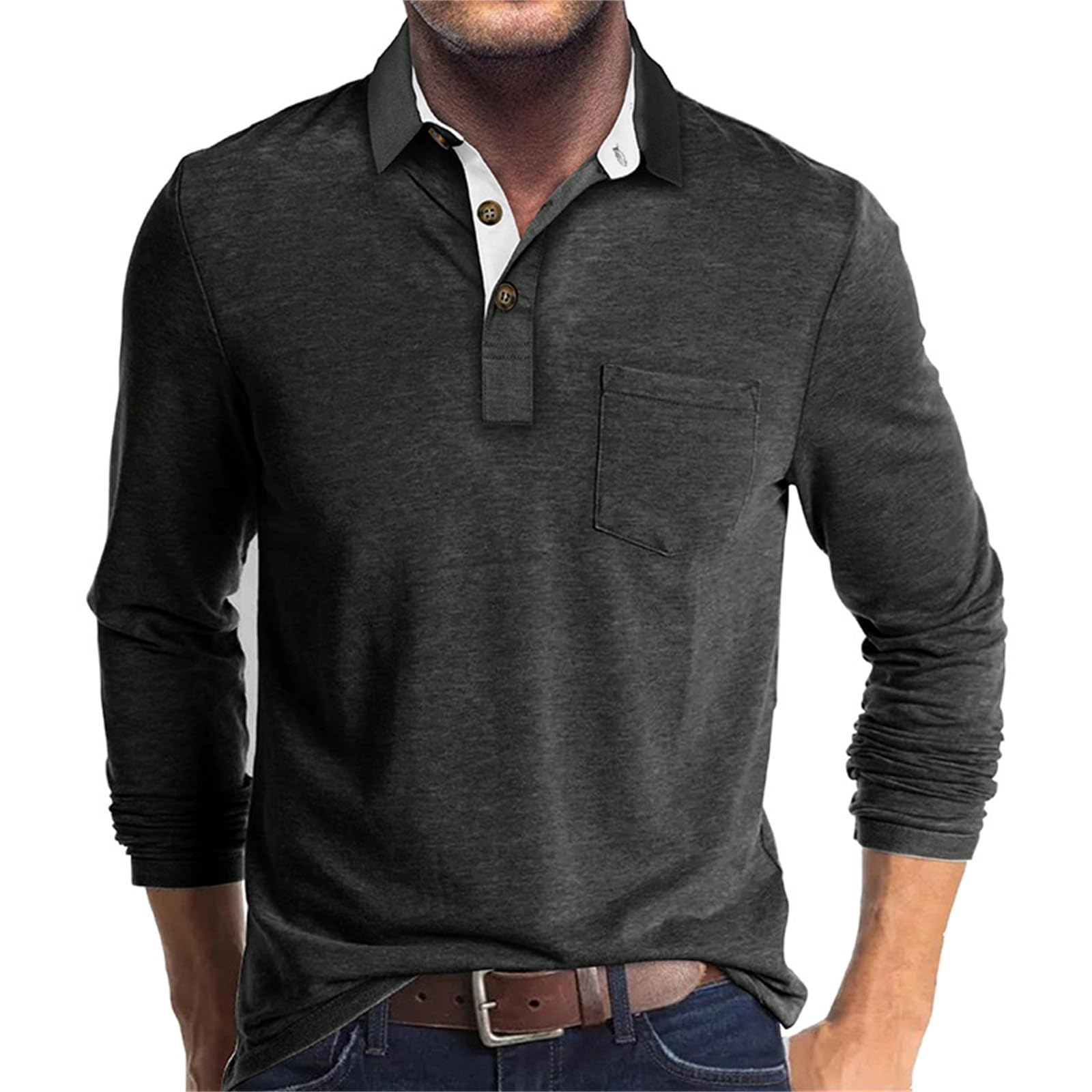 UHouse Poloshirt Herren Langarm Shirt Basic Baumwolle Langarmshirt mit Knopfleiste Mode Longsleeve Polohemd mit Brusttasche Leichte Sommershirt Regular Fit Polo Shirt Dunkelgrau XL