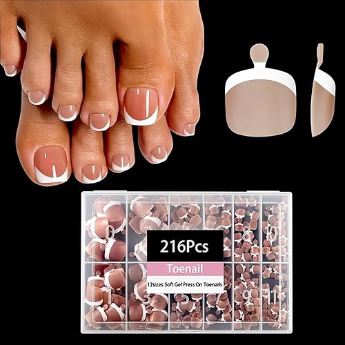 Brown Toe Nail Tips, 216pcs Short Press on Toenails for Women, Square French Tip Press on Toenails in 12 Sizes, Soft Toe Gel Press on Nails, Soak Off Acrylic Full Cover Fake Toe Nails for Girl Gift - A-4 Toe-Brown