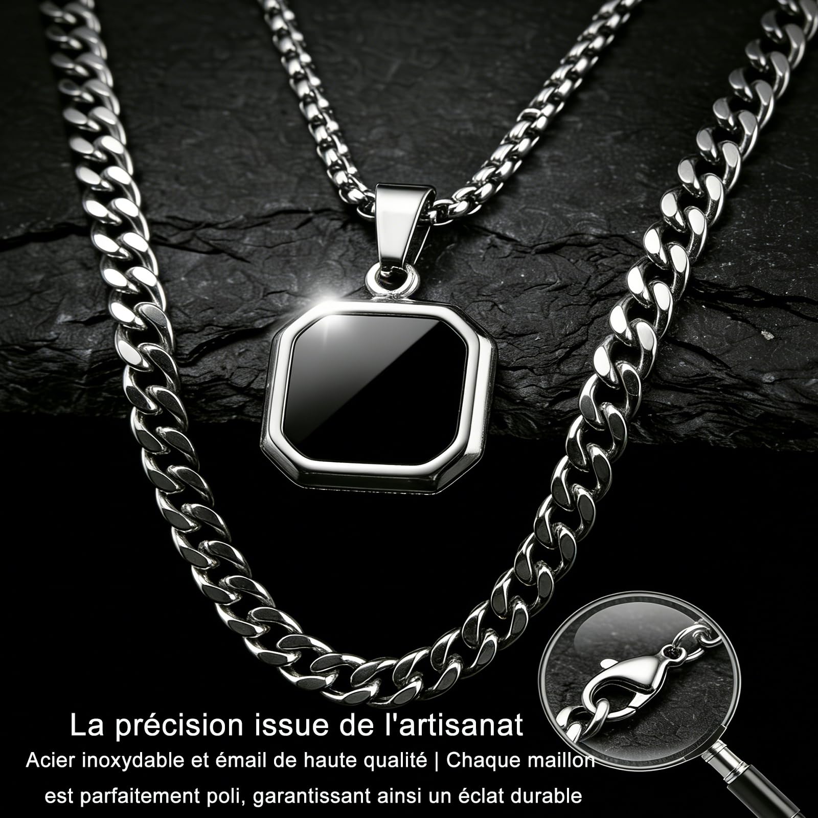 Colliers pour Homme Chaîne Gourmette : Hommes Collier Chaîne Pendentif Noir Argent Carré en Acier Inoxydable, Style Punk et Minimaliste, Bijoux Cadeau pour Garçons Femmes d'un Anniversaire de Noël