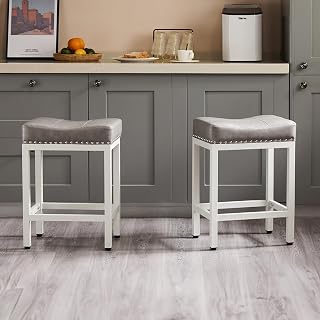 Sweetcrispy 24 Inch Counter Height Bar Stools Set of 2 Grey PU Leather Modern Upholstered with Footrest Metal Base