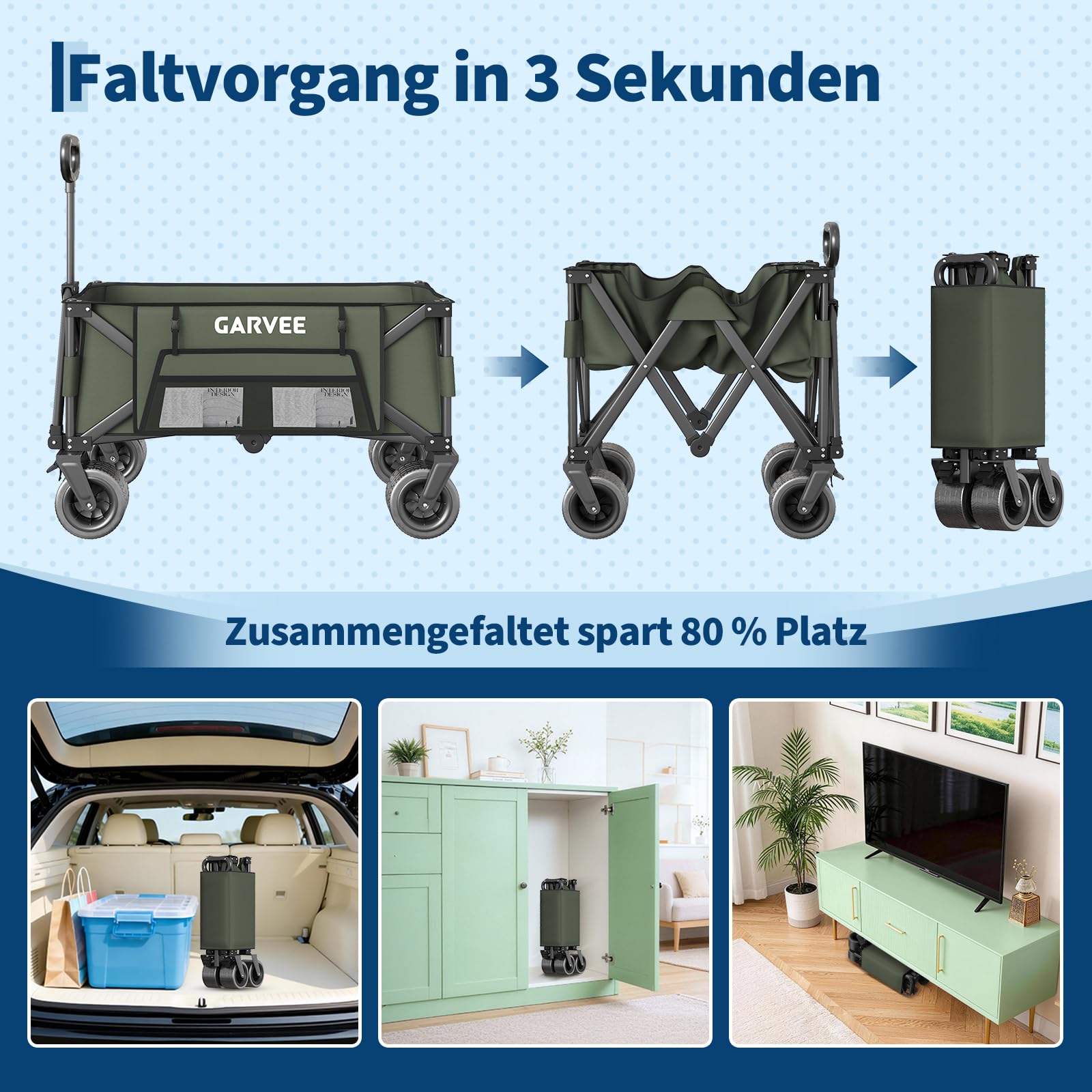 Bollerwagen Faltbar Mit 200kg Belastbarkeit & 200L Volumen, Klappbarer Transportwagen Mit Bremsen & 20cm Offroad-Rädern, Handwagen Mit Seitentaschen Für Strand, Camping, Garten, Einkäufe