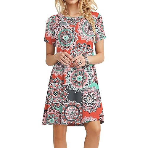 POPYOUNG Women's Summer Casual Tshirt Dresses Short Sleeve Boho Beach Dress