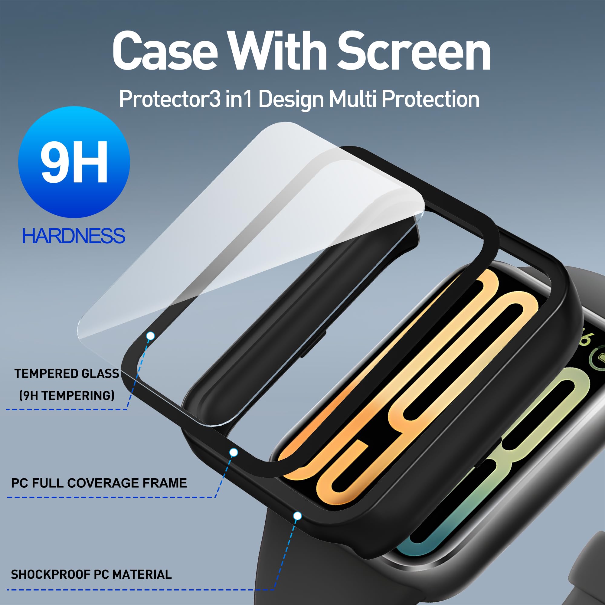 Diruite 3 Pezzi Cover per Xiaomi Smart Band 10 Pro Protezione | Resistente Ai Graffi HD Vetro Temperato Pellicola Protettiva PC Rigido Case,Nero&Blu&Trasparente