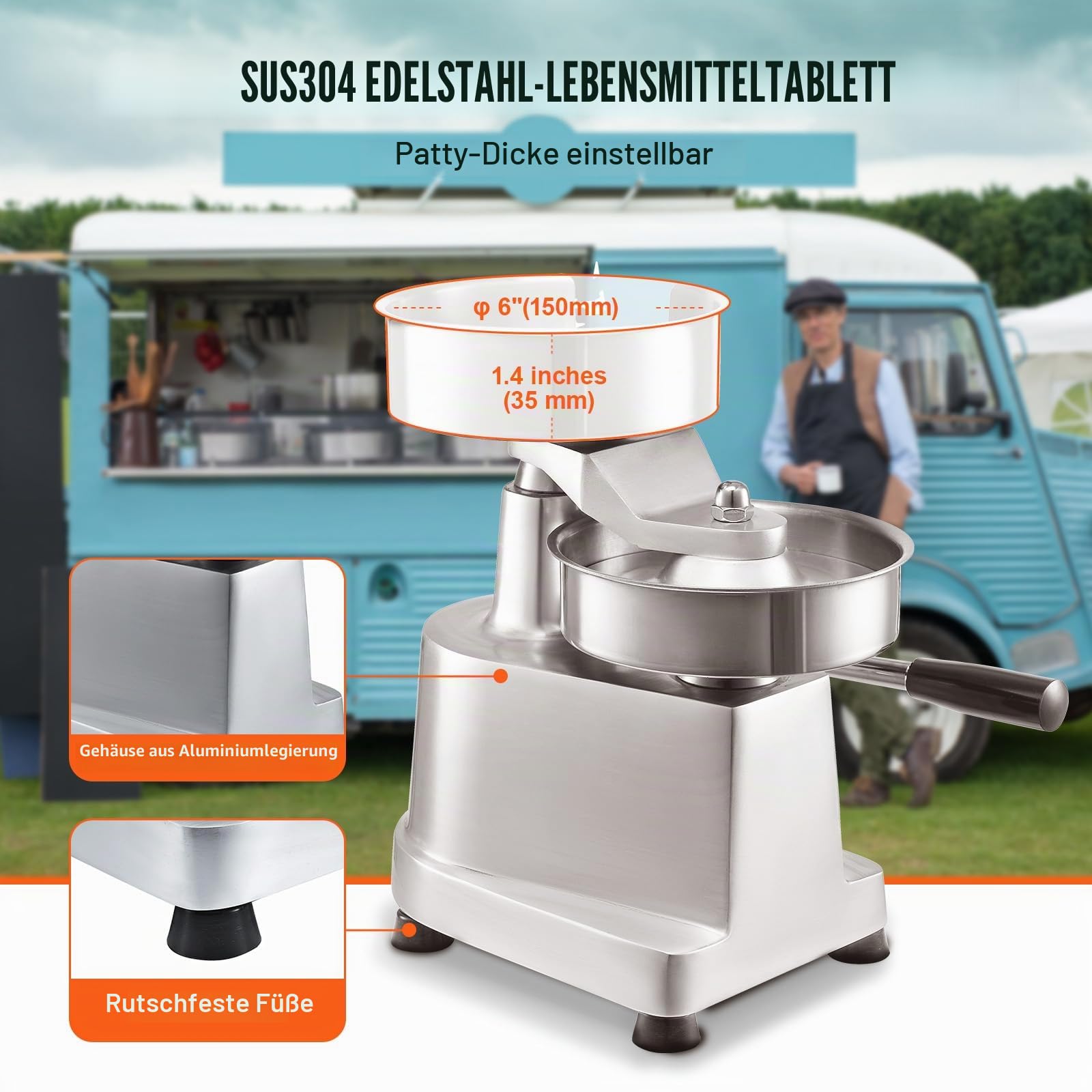 VEVOR Kommerzieller Burger-Patty-Maker, 150 mm, Hamburger-Rind-Patty-Maker, Strapazierfähig, Lebensmittelechter Edelstahl Burgerpresse, Küchenfleischformer