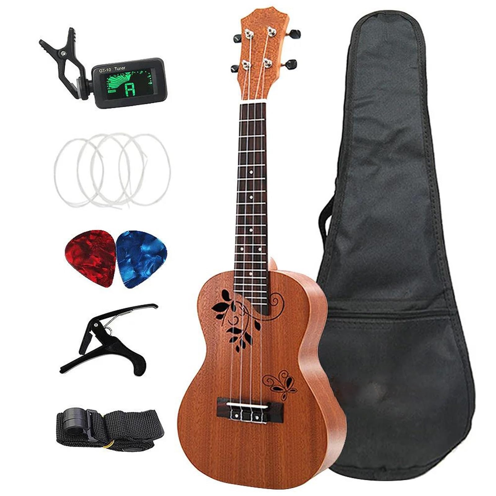 Konzert-Ukulelen-Set, 23 Zoll, Sapele, 4 Saiten, Hawaiianische Mini-Gitarre Mit Tasche, Stimmgerät, Kapodaster, Gurt, Stiche, Picks