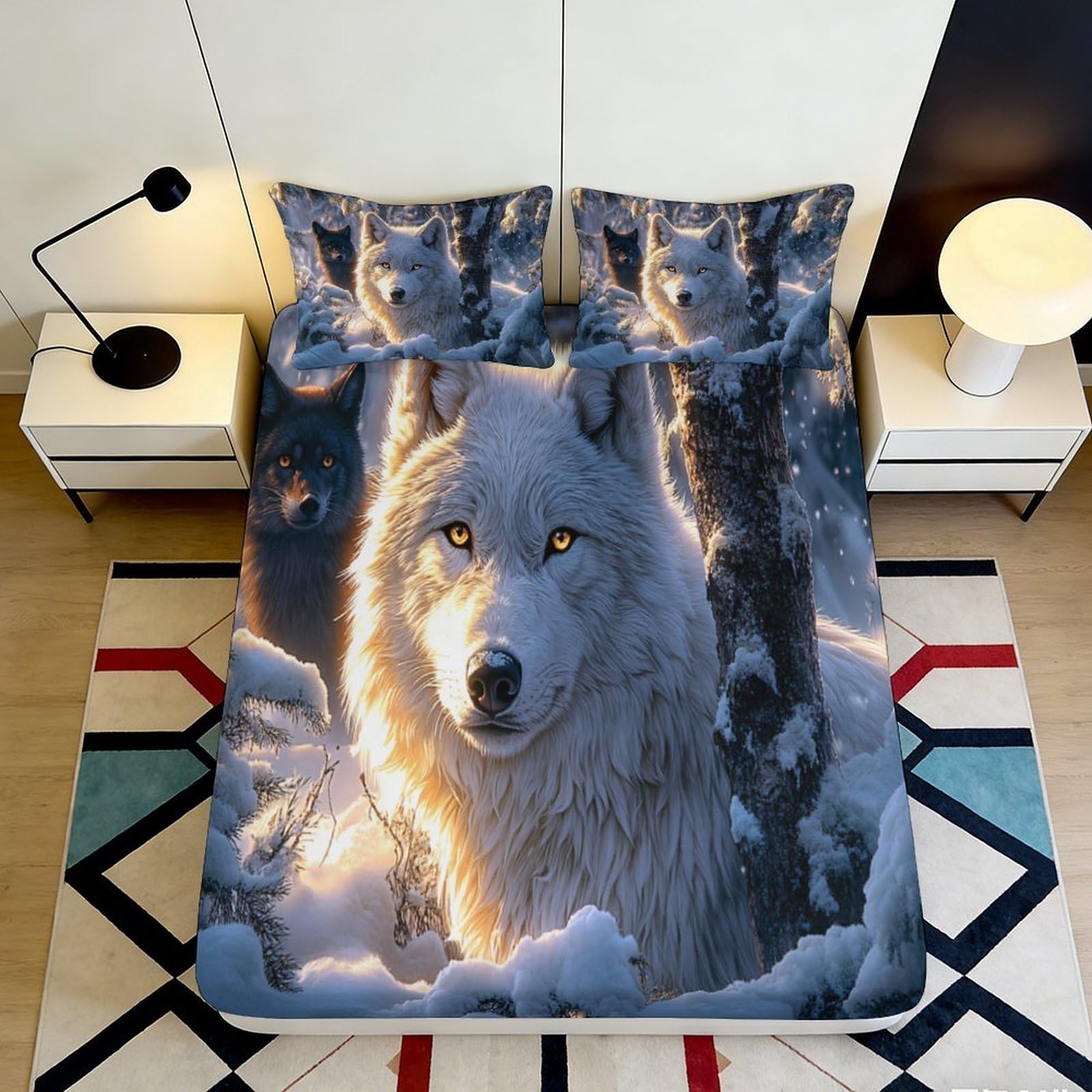 3D Printed Wolf Design Fitted Sheet Microfiber Soft Durable Snow Forest Bed Cover for Bedroom Dormitory Guest Room Mattress Protection Decoration 140x200x25cm