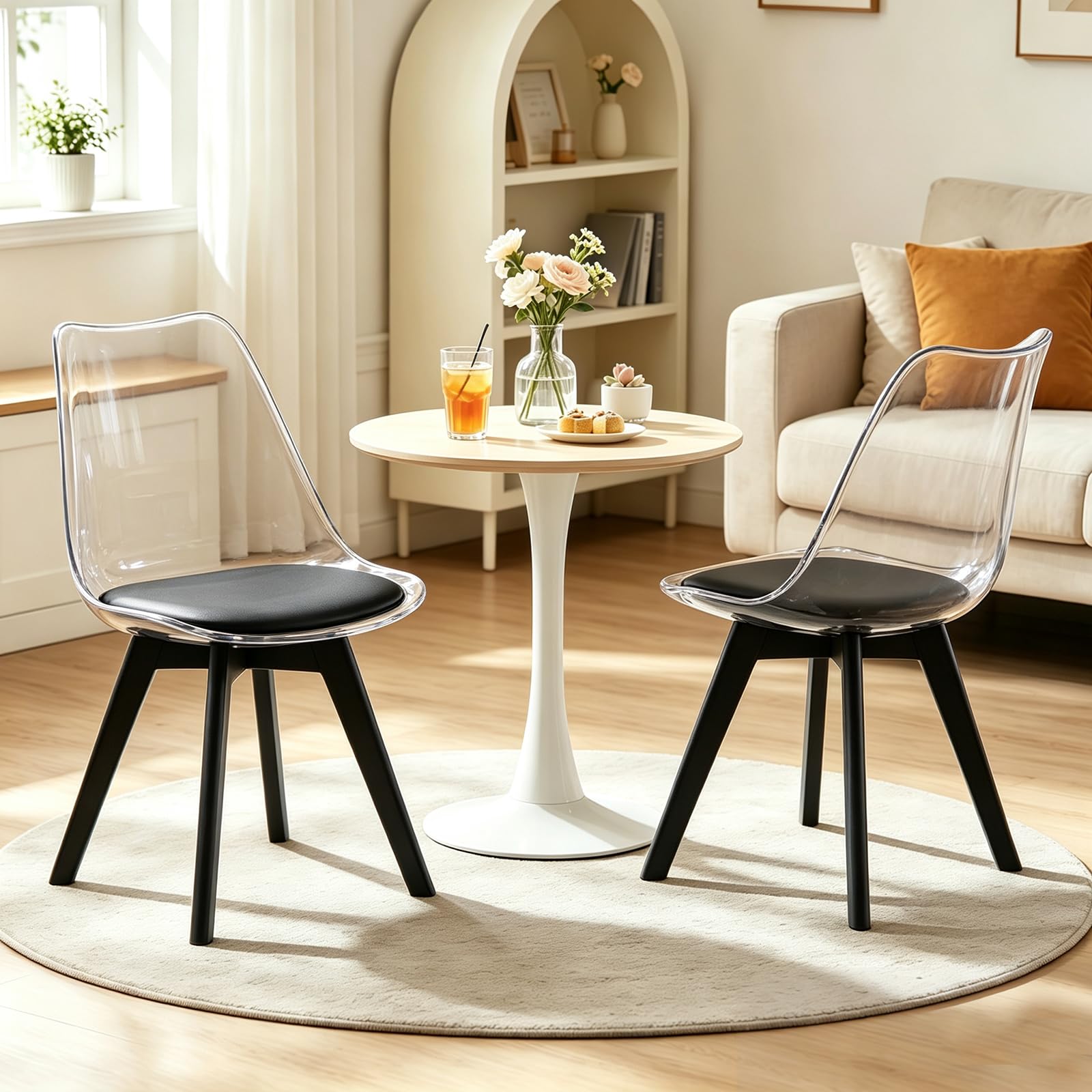 WXJHL Dining Chairs Set of 2,Mid Century Modern Dining Room Kitchen Chairs with Curved Back,Upholstered Padded Seat Accent Chairs for Dining Room,Kitchen,Living Room(Clear Black)
