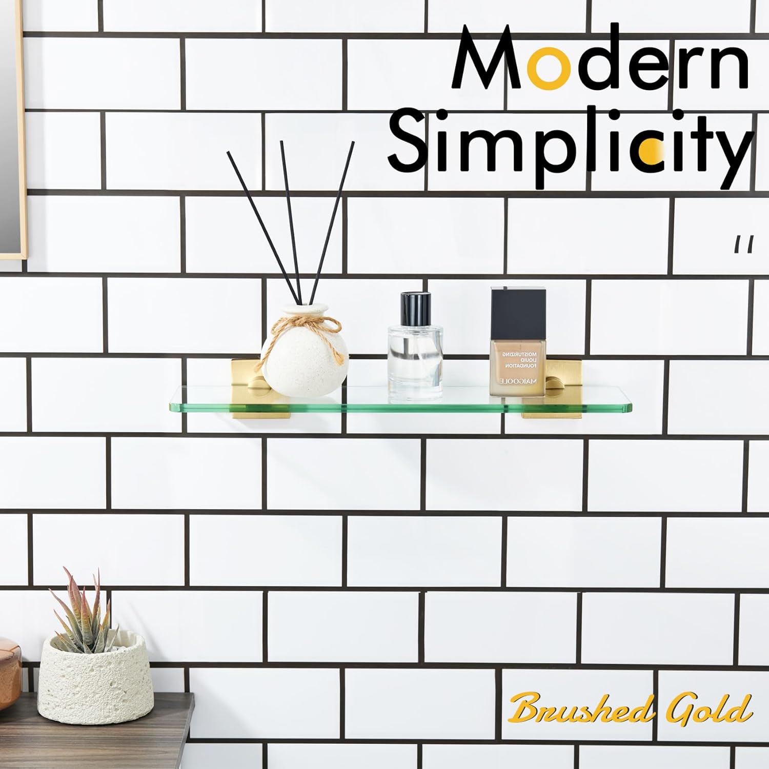 KOKOSIRI Floating Wall Shelf 16-Inch Bathroom Tempered Glass Shelves Shower Rack Kitchen Storage Home Decor, 2 Pack Gold Stainless Steel B1107BG-L16-P2