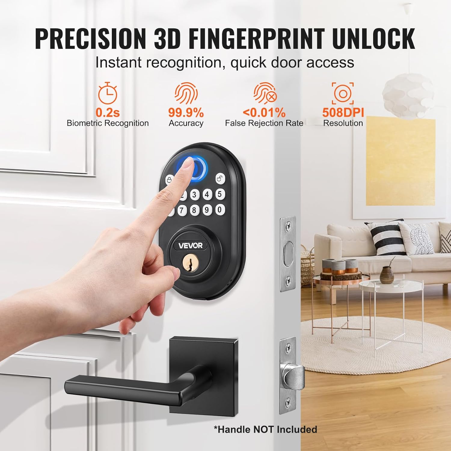 VEVOR Fingerprint Door Lock, with Fingerprint/Keypad Code/Key, One-Time and Anti-Peeking Password, Silent Mode, Constant Unlock Mode, Aluminum Alloy Panel, Electronic Keypad Deadbolt for Entry Doors