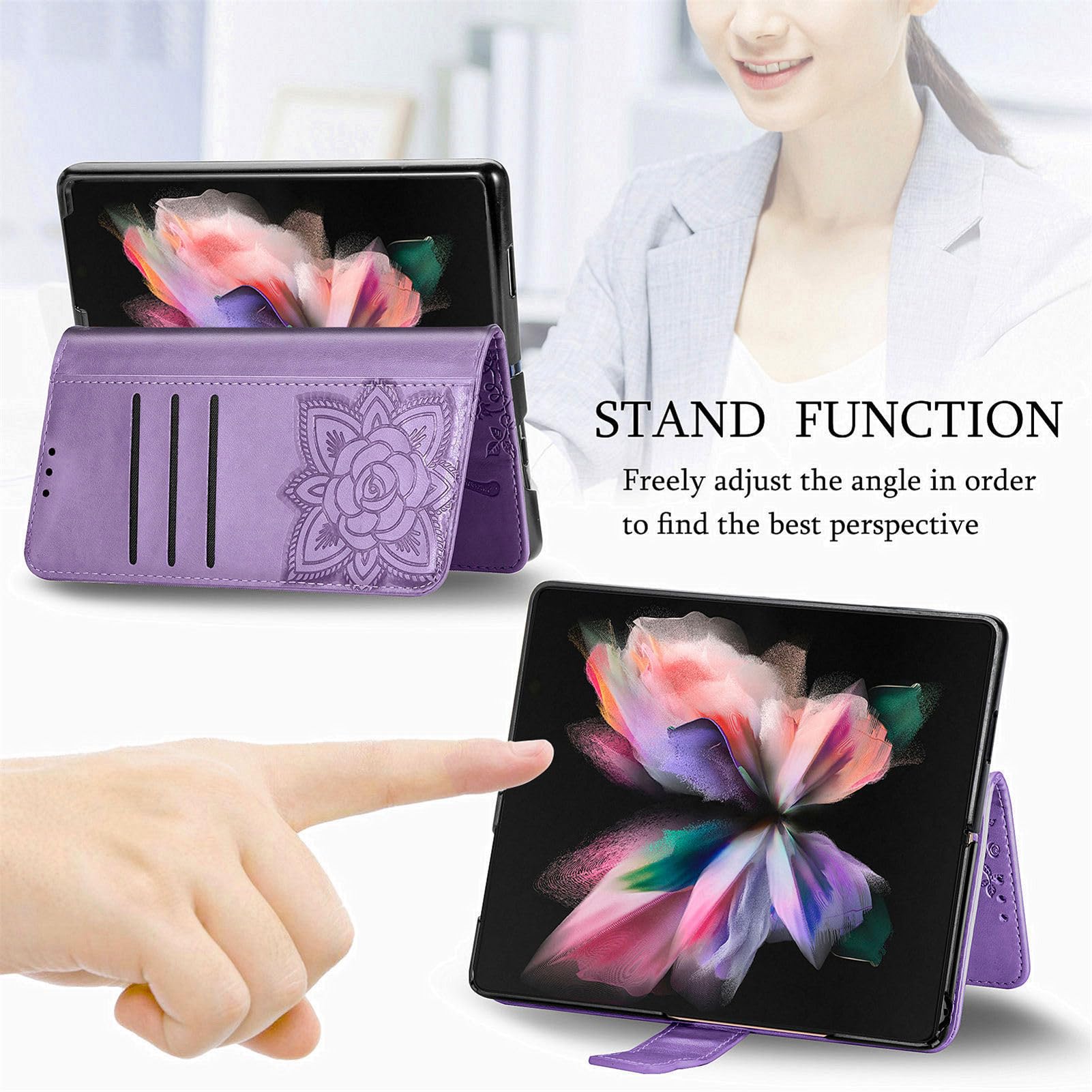 Etui z klapką do Samsung Galaxy Z Fold 5, portfel, skóra PU, wytłoczone kwiaty, motyl, pasek na nadgarstek, etui na karty kredytowe, różowe1