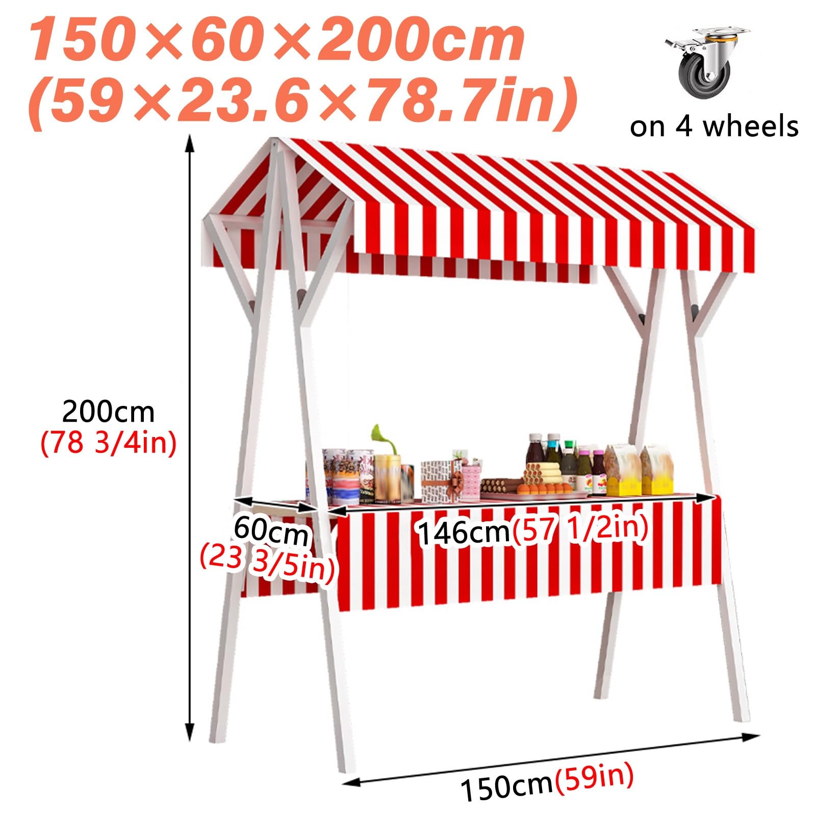 Carritos para Puestos de Mercado, Carrito de Comida móvil, Remolque Plegable de 150 cm para mercados agrícolas y Eventos, quiosco portátil Rojo, Puestos y casetas de Venta de c