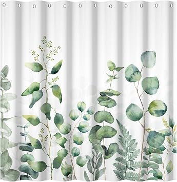 Yeele Green Leaf Shower Curtain, Plant Shower Bath Teal Leaves Curtain Machine Washable, Waterproof Fabric Shower Curtains Set for Bathroom Decor with Hooks 72x72 Inches