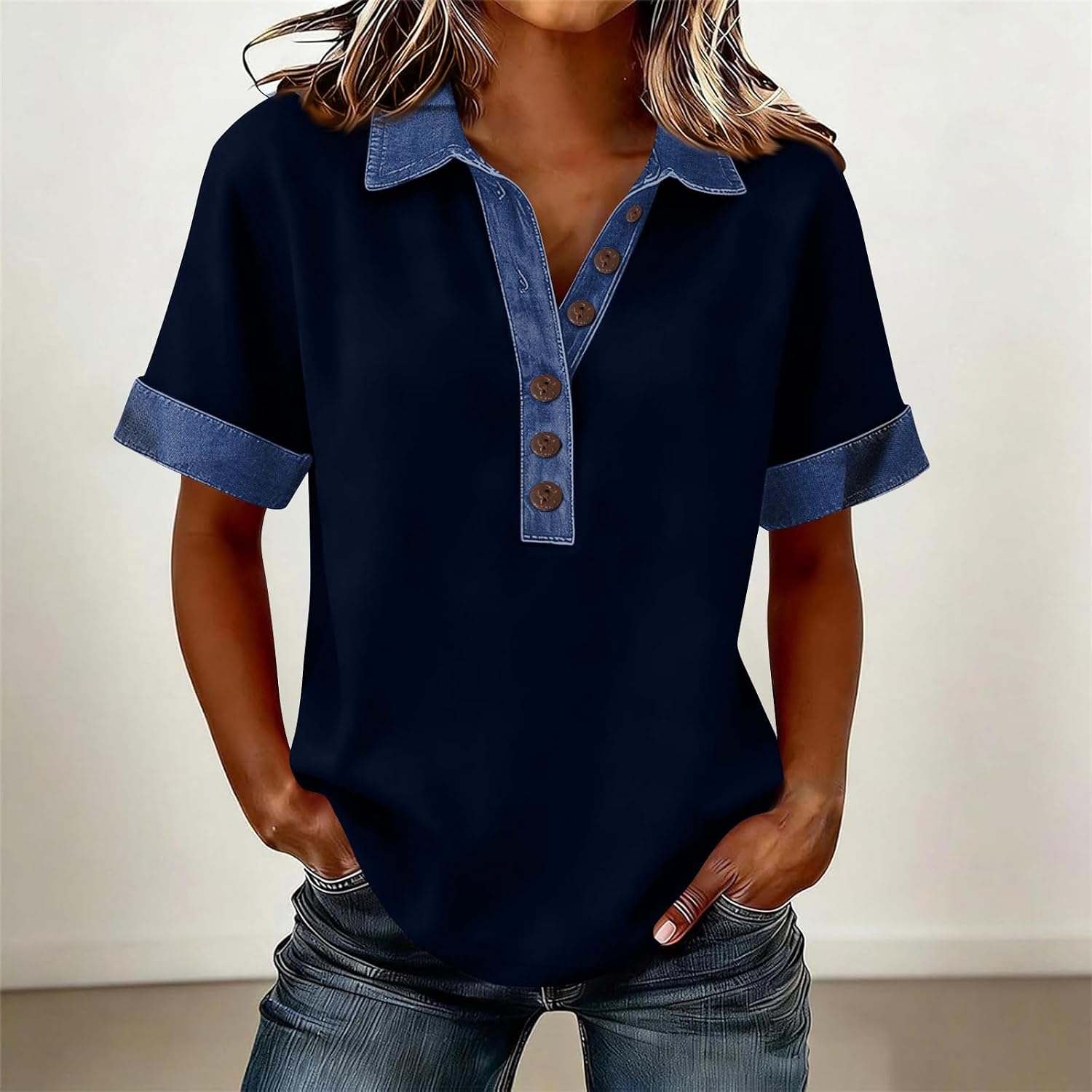 Short Sleeve Tops for Women Denim Patchwork Polo Shirts Lapel Collar Button Up T Shirt Dressy Casual Jean Tops