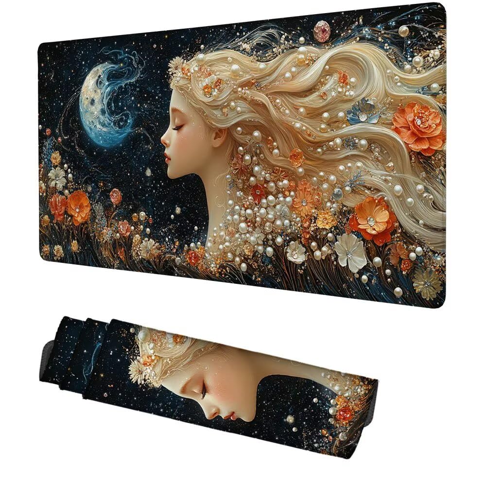 Tappetino Scrivania ragazza, Tappetino Gaming 1000x500x3mm Mouse Pad Luna Tappeto Mouse, Accessori Gaming, Ufficio Accessori, Migliora la Precisione e la Velocità, per Ufficio e Casa f-329