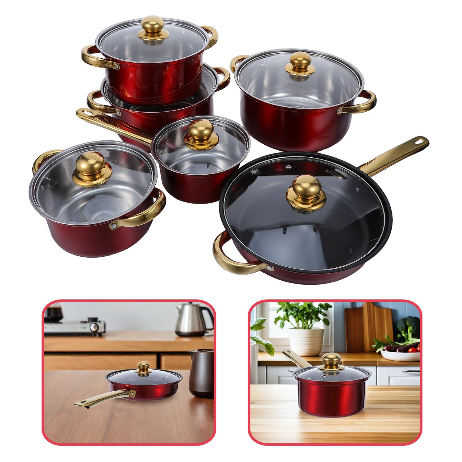 ULTECHNOVO Set Pentole 6 Pezzi in Acciaio Inox per Cucina Domestica e Commerciale, Pentole Resistenti alla Bollitura e Frittura con Coperchi in Vetro Trasparente