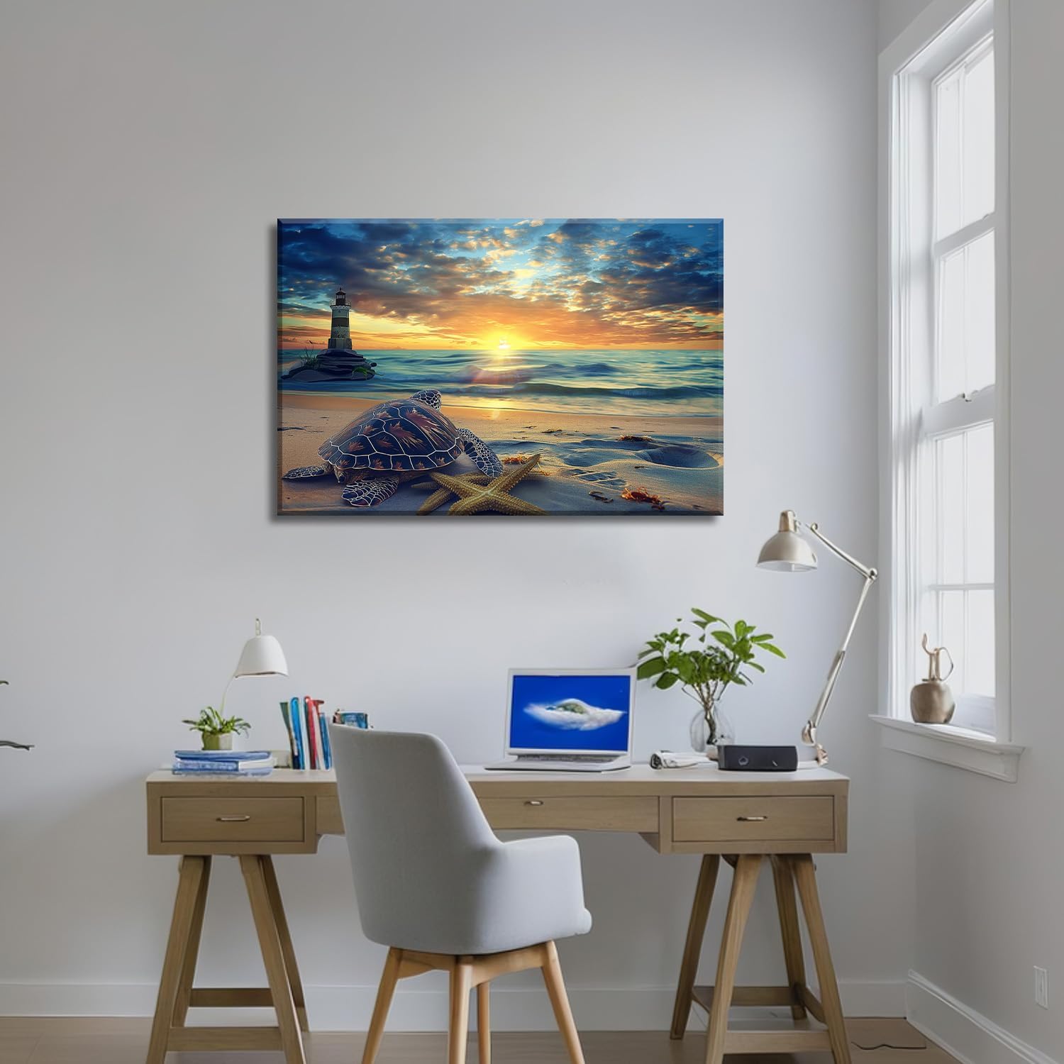 Sea Turtle Canvas Wall Art Bathroom Decor Turtle on Beach Picture Ocean Lighthouse Painting Prints Coastal Lakeside Cabin Decor Framed - 20"x30"