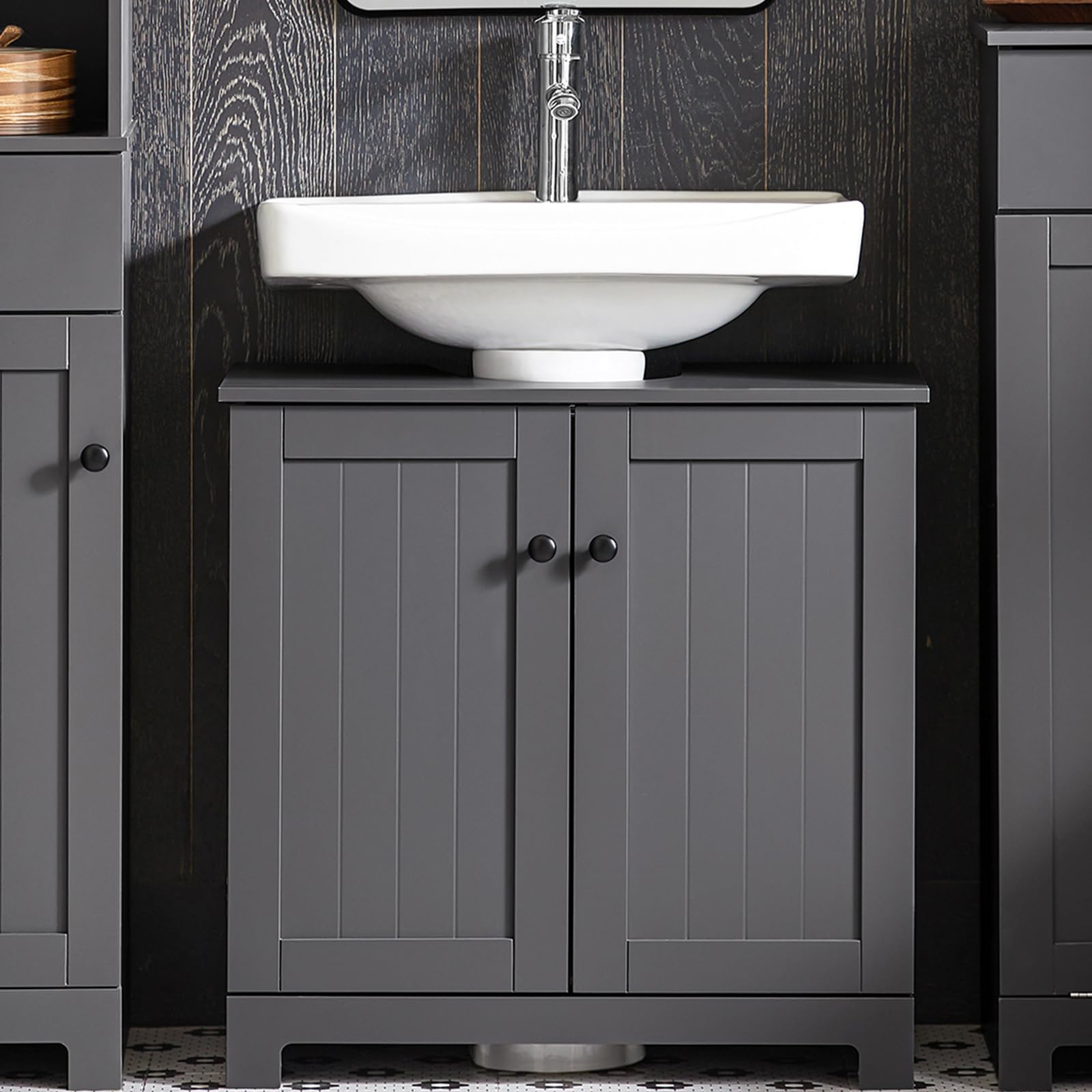 SoBuy Mueble bajo Lavabo con Corte para Sifón 60x29x60 cm Gris Oscuro | Armario Baño con Puertas y Balda Ajustable– Mueble Baño Lavabo Auxiliar en MDF, BZR18-II-DG