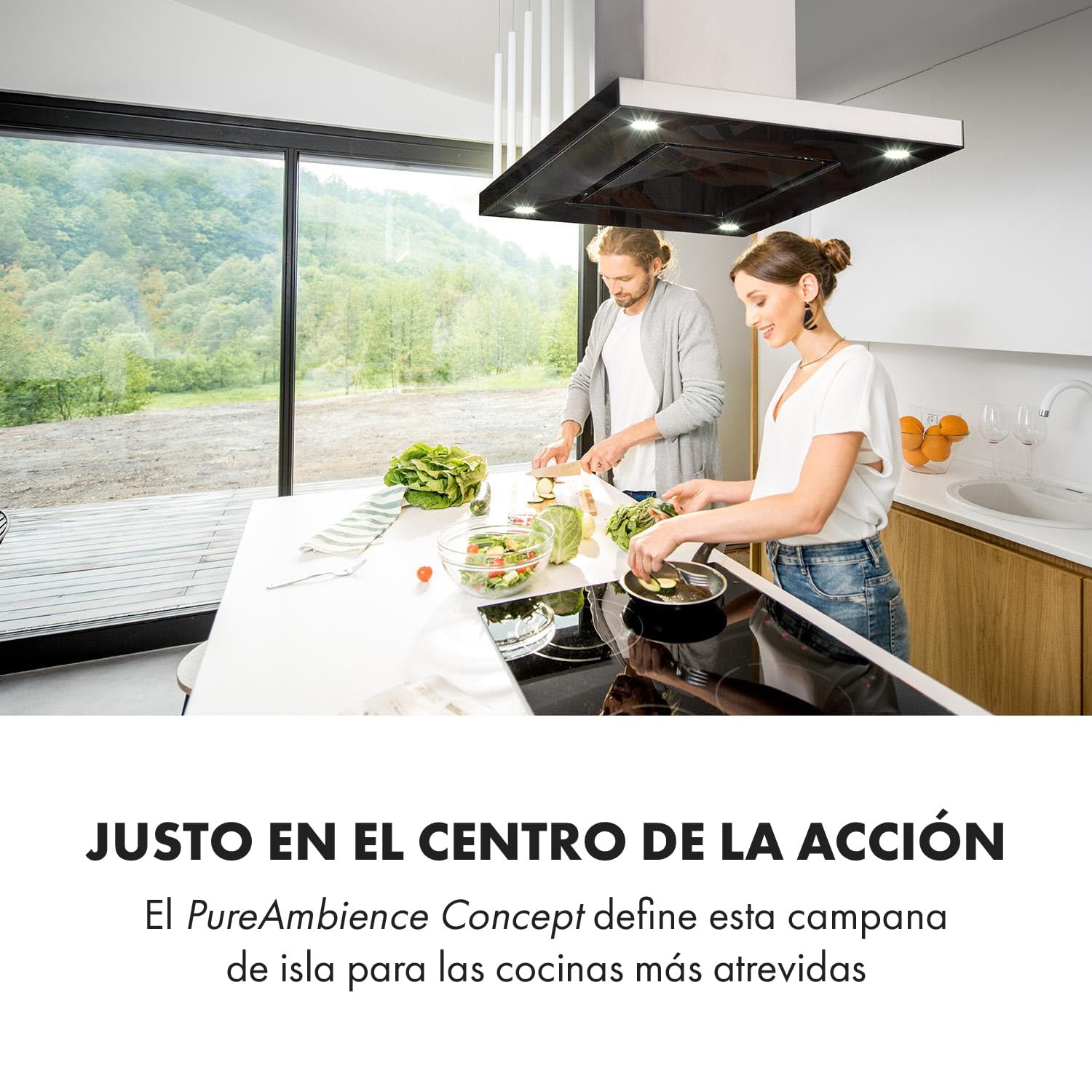 Klarstein Valeria Campana Isla - 230W, hasta 642 m³/h, 3 niveles de potencia, luz LED, panel táctil, vidrio, acero inoxidable, eficiente, PureAmbience Concept, plateado