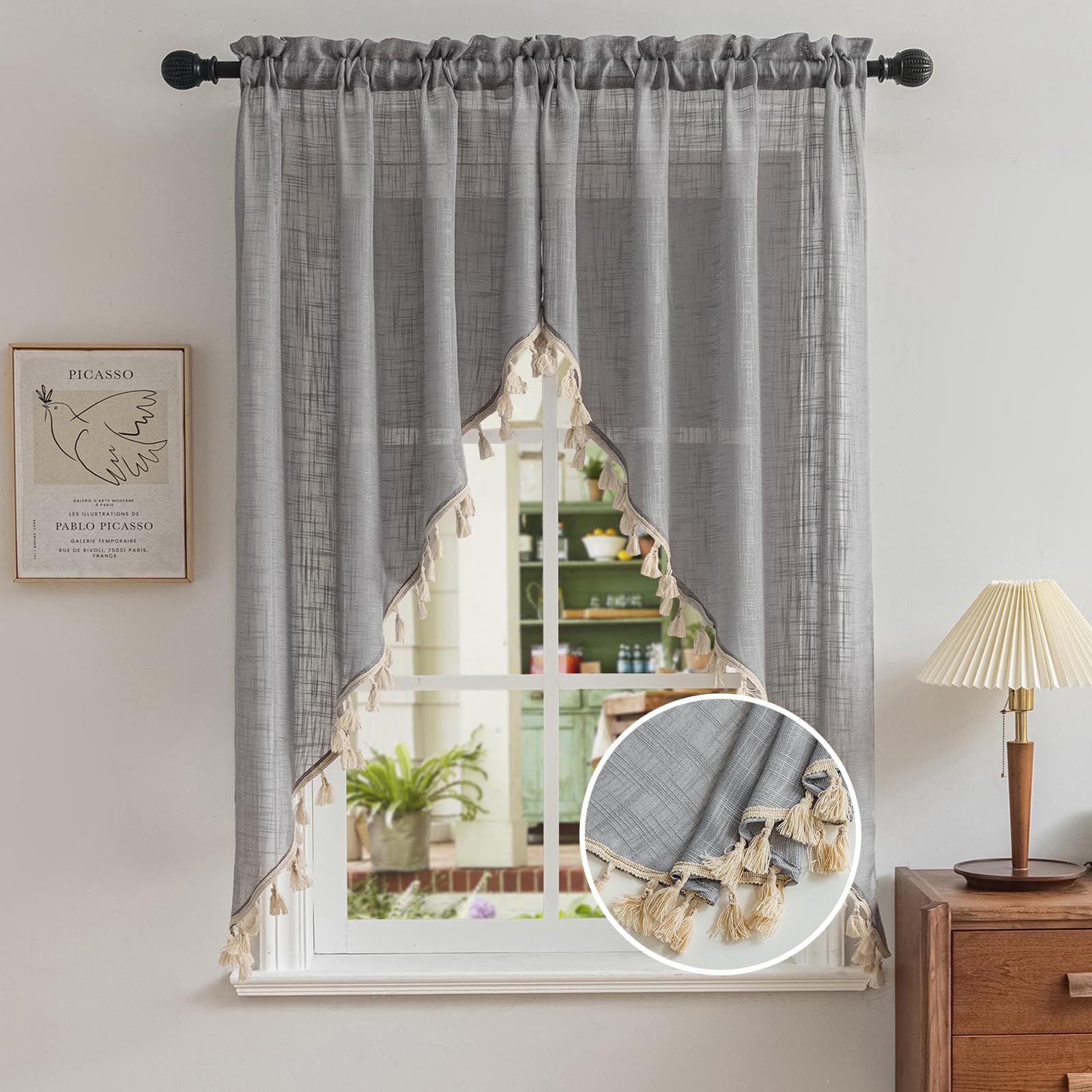 Beda Home Tassel Linen Textured Swag Curtain Valance for Farmhouses’ Kitchen; Light Filtering Rustic Short Swag Topper for Small Windows Bedroom