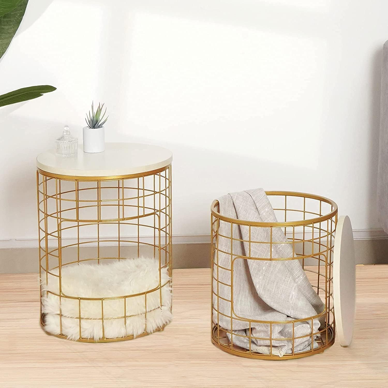 OGFC 28996 Set of 2 Nesting Tables with Golden Metal Frame Living Room, Round Nest of Table with Side Opening Storage for Blankets, Toys Tidy. High Gloss Sofa Side End Coffee Table - Golden 1