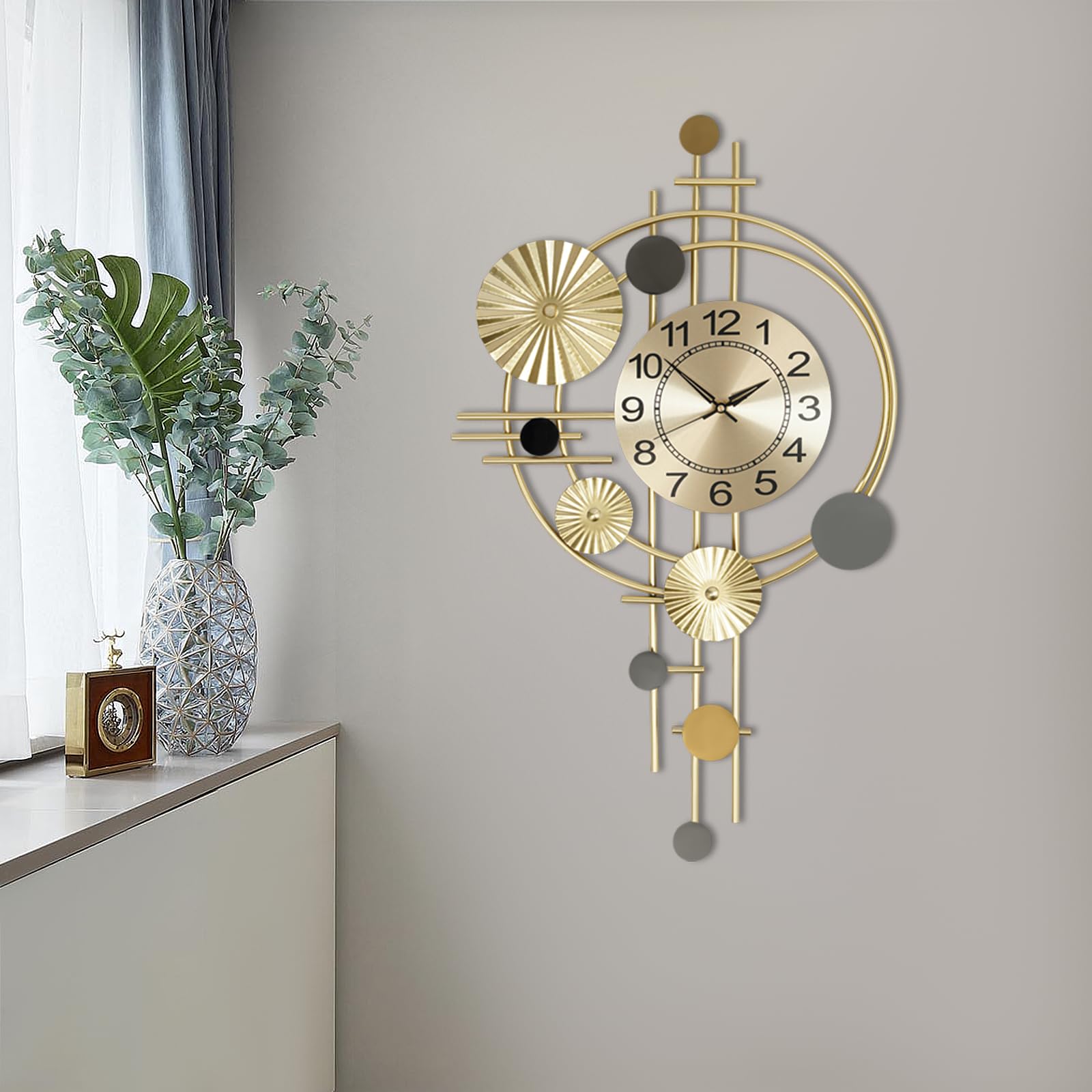 Reloj de pared grande moderno, 45 x 78 cm, creativo, relojes de pared decorativos, redondo, metal, silencioso, para salón, cocina, dormitorio, dorado