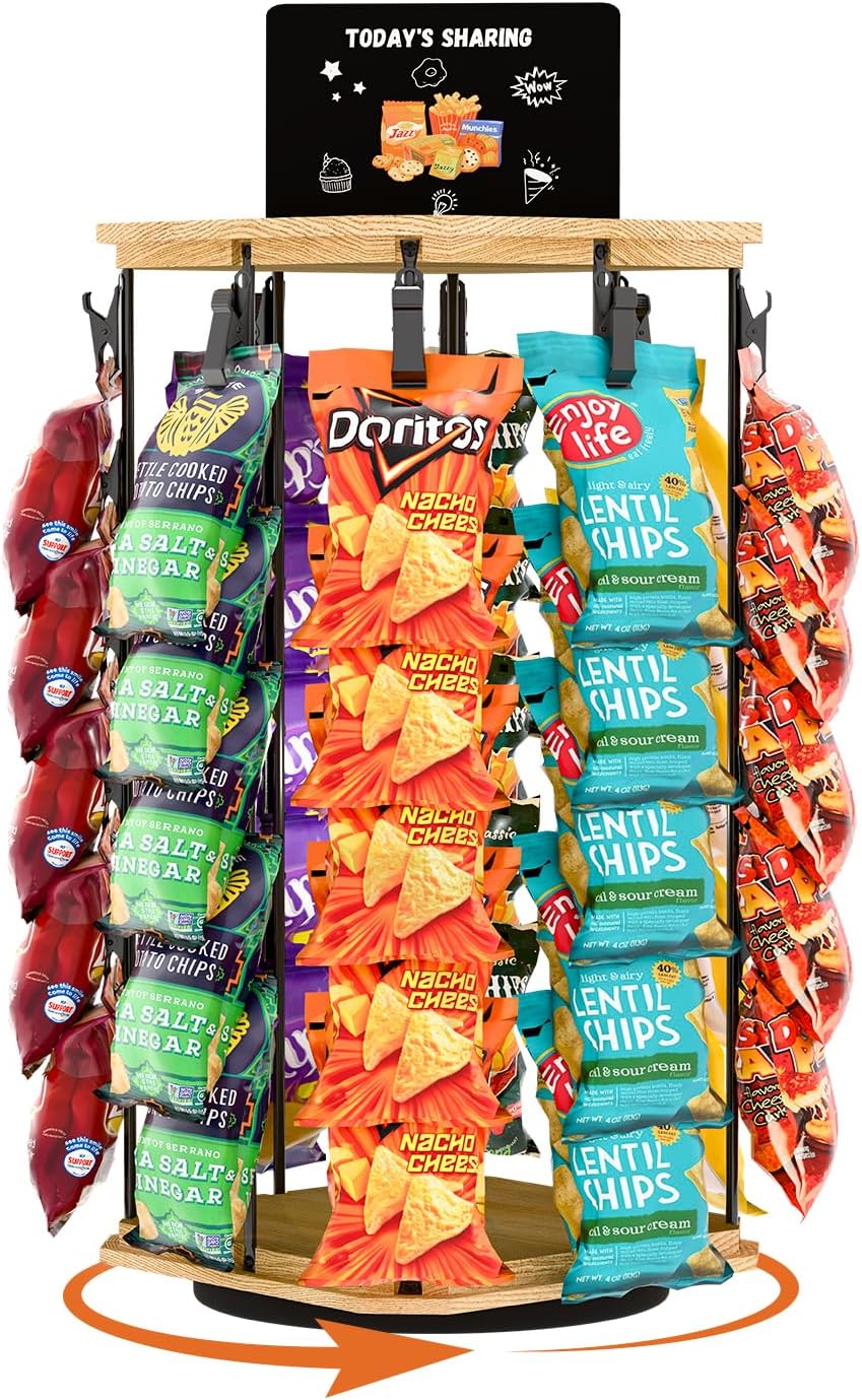 Chip Rack Display Stand, 5 Tiers 40 Clips Snack Organizer, 360Rotating Wooden Base Chip Display Rack for Concession Stand, Countertop, Snack Stand, Party, With Message Board