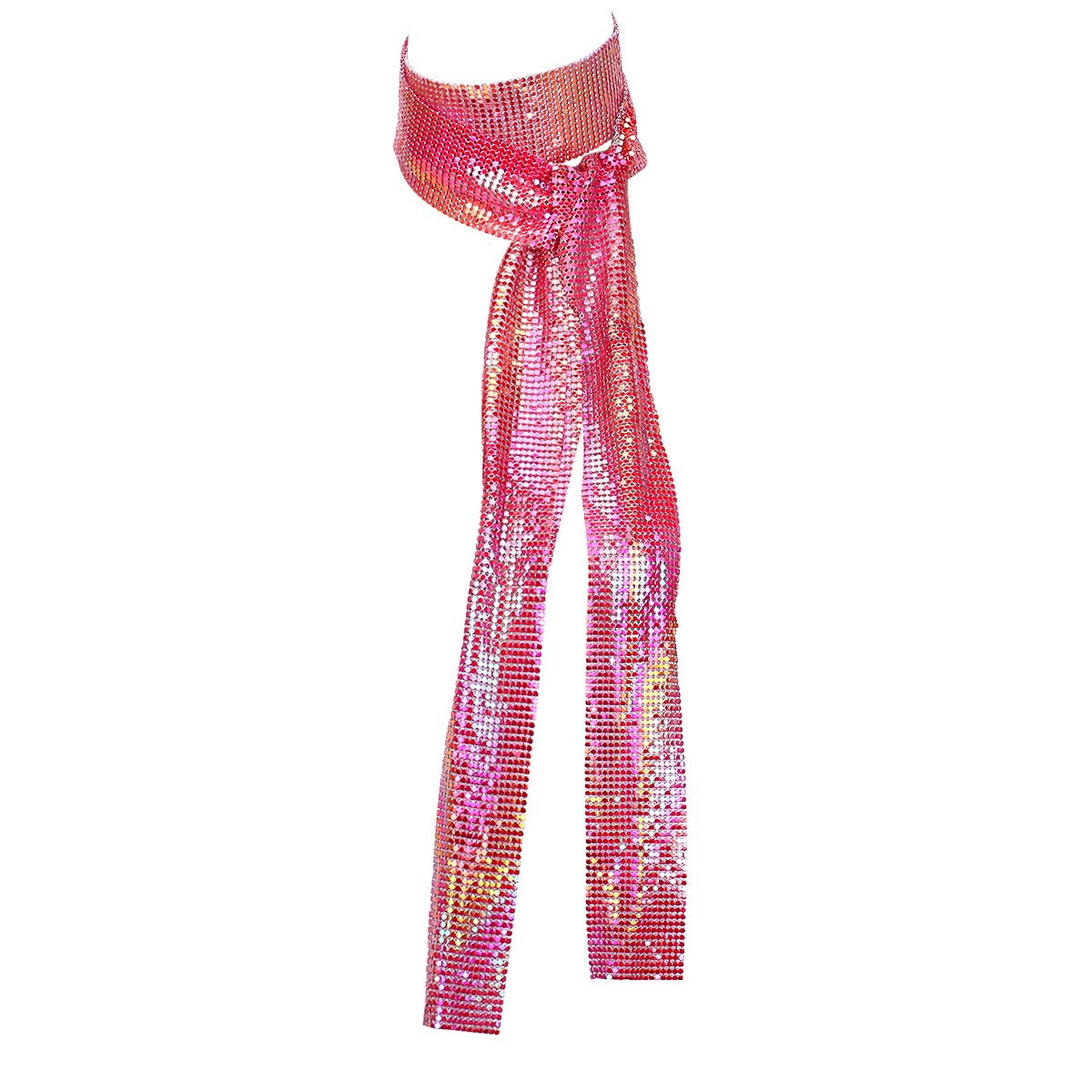 Skugal Women's Fancy Red Glitter Sparkle Metal Sequins Neck Tie Scarf Club Party Evening Long Thin Skinny Tie Shawls Neckerchief, One Size