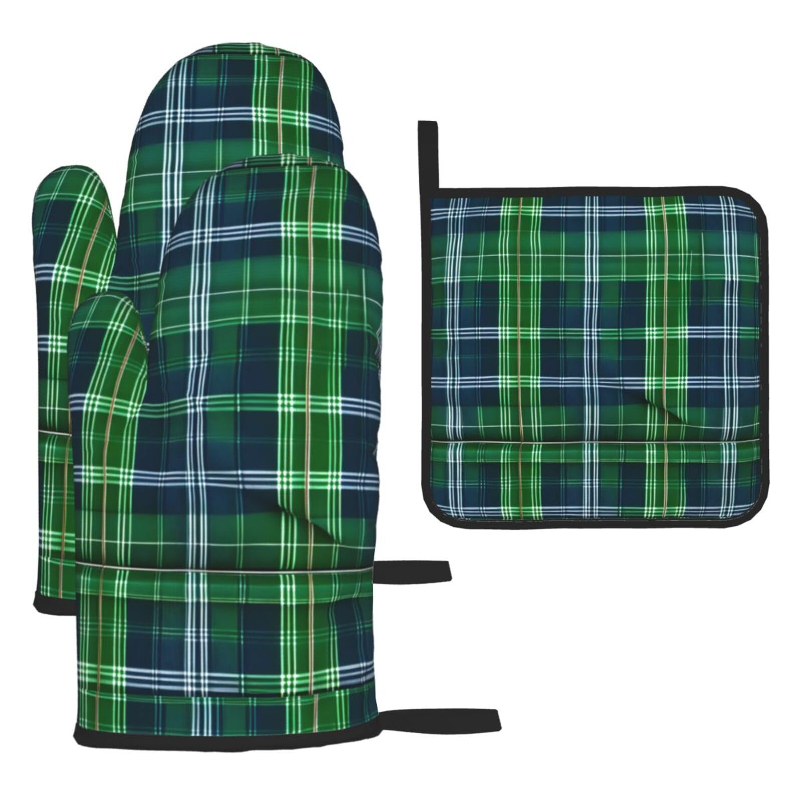 Blue Scottish Tartan Printing Oven Mitts And Pot Holders Sets 3pcs Glove High Heat Resistant Long Mitt For Kitchen