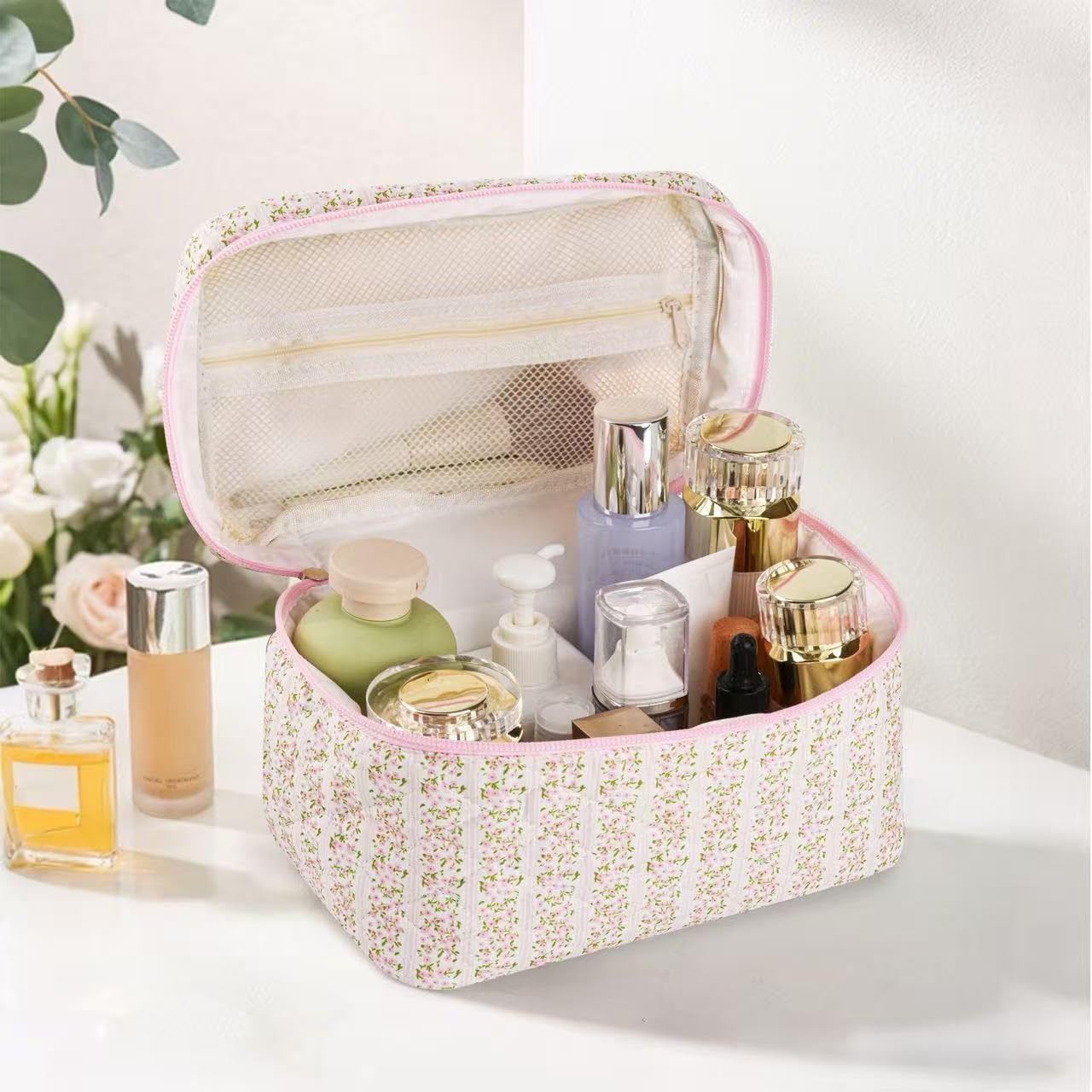Large Travel Quilted Makeup Bag,Cute Bow Cotton cosmetic bag, Fashionable aesthetic makeup bag,Coquette Aesthetic Floral Travel Toiletry Bag for Women and Girls - Image 2