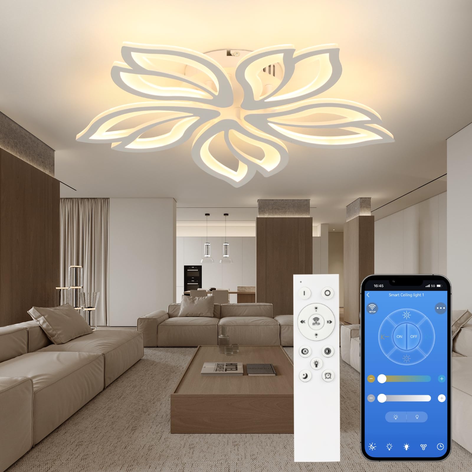 Lamparas de Techo Modernas, Regulable Plafon LED Techo con Mando a Distancia y APP para Dormitorio, Salon, Comedor, Blanco, Diámetro 60cm
