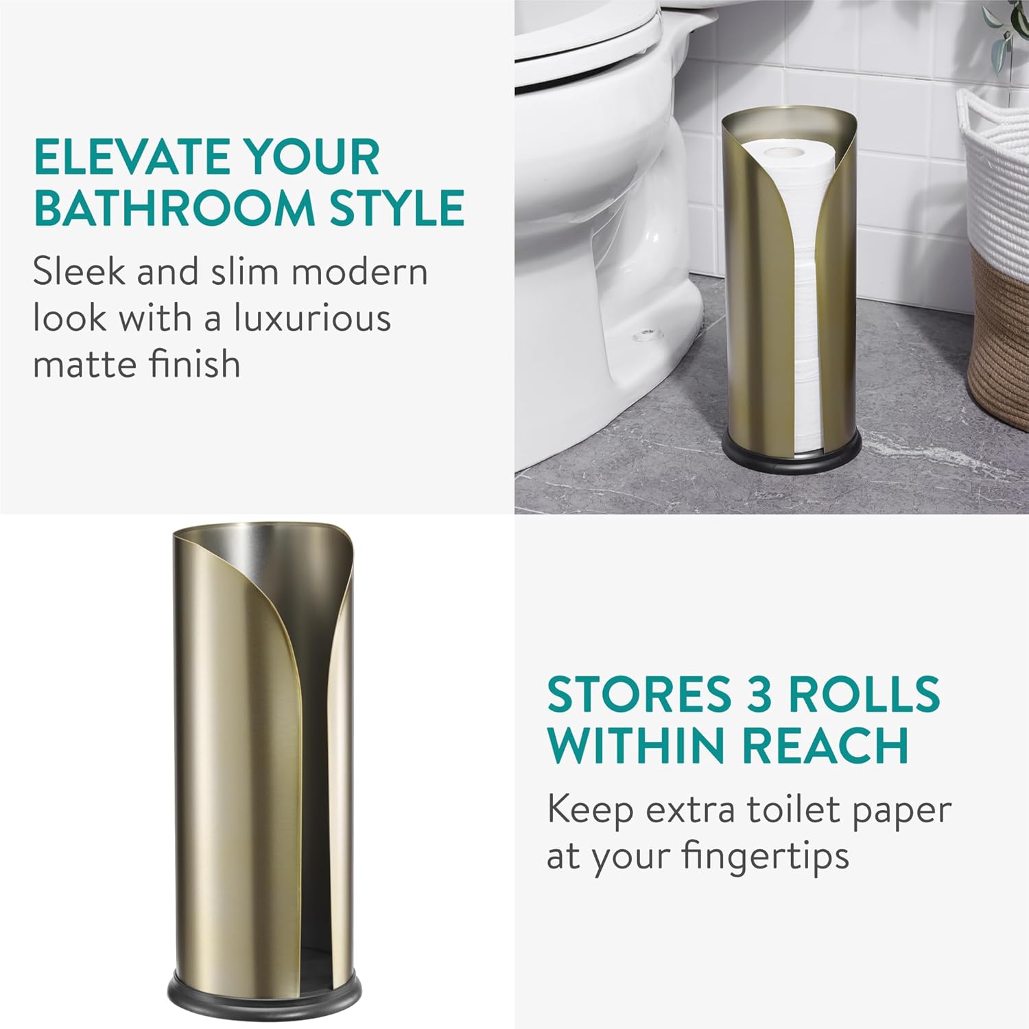Navaris Toilet Roll Holder, Stainless Steel - Free Standing Storage Box for Up to 3 Loo Paper Rolls - Toilet-Roll Holders for Bathroom Organisation - Minimalist Design, Matte Gold
