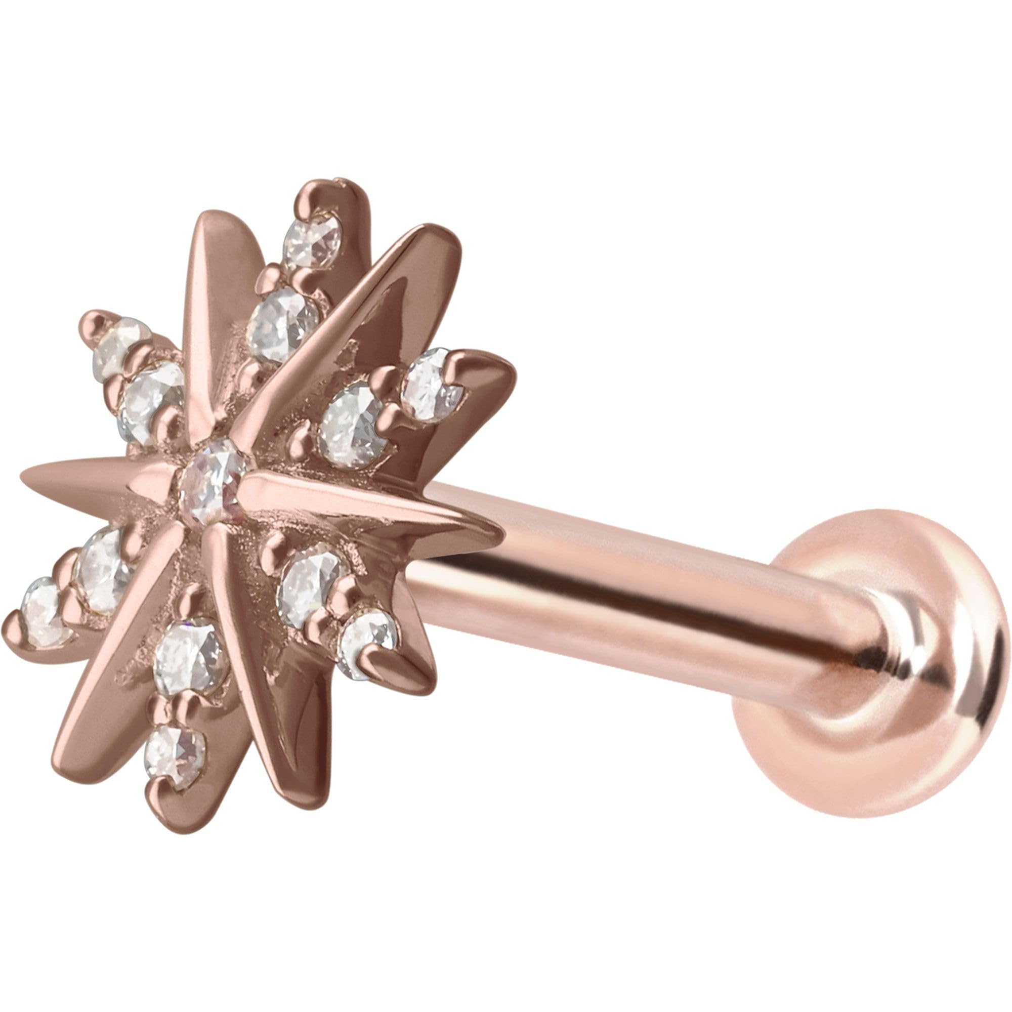 PIERCINGLINE Piercing Stecker 14 Gold Labret mit Innengewinde MOISSANIT-BLUME 585er Gold - Roségoldfarben, Goldfarben, Silberfarben
