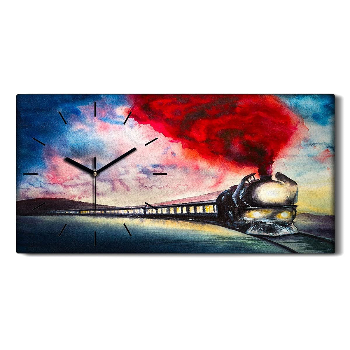 Horloge sur Toile Silencieuse sans Tic-Tac Tableau Train Fumée Rouge 60x30