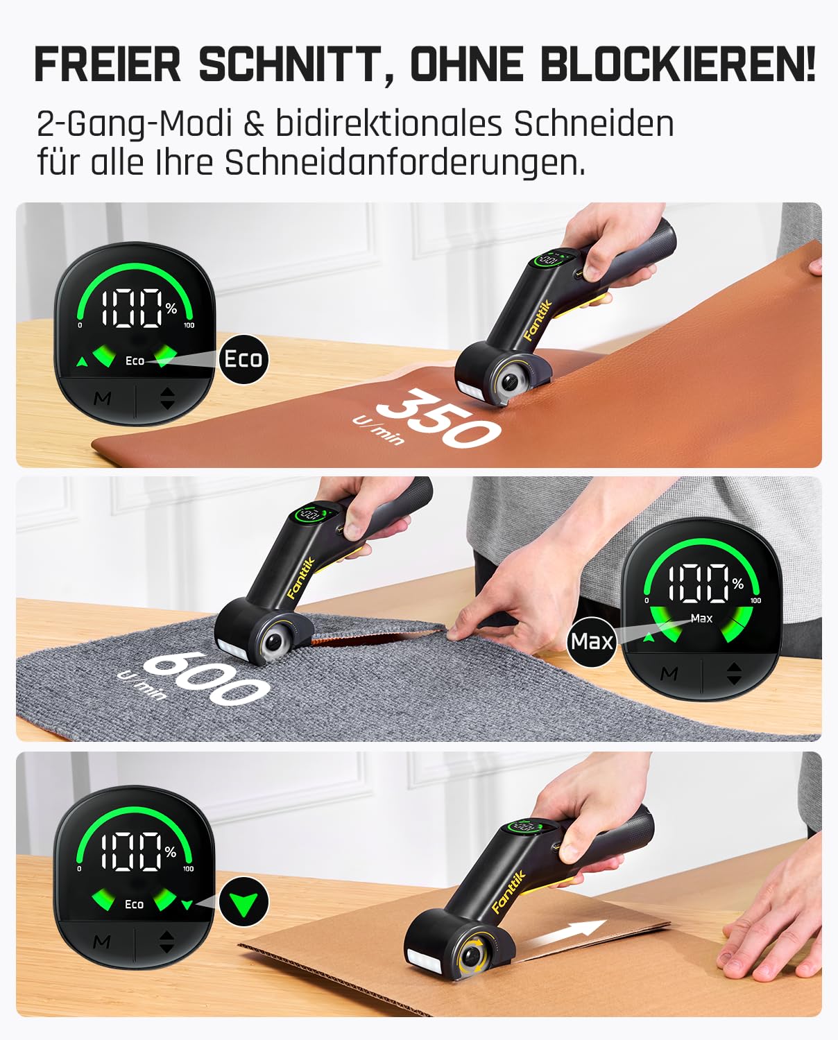 Fanttik C10 Pro BowGuide Elektrischer Kartonschneider, Kalbellose Schere mit LED Anzeige, 2-Geschwindigkeiten, Wiederaufladbarer Rotationsschneider mit Klingen für Stoff, Teppich, Leder, Karton