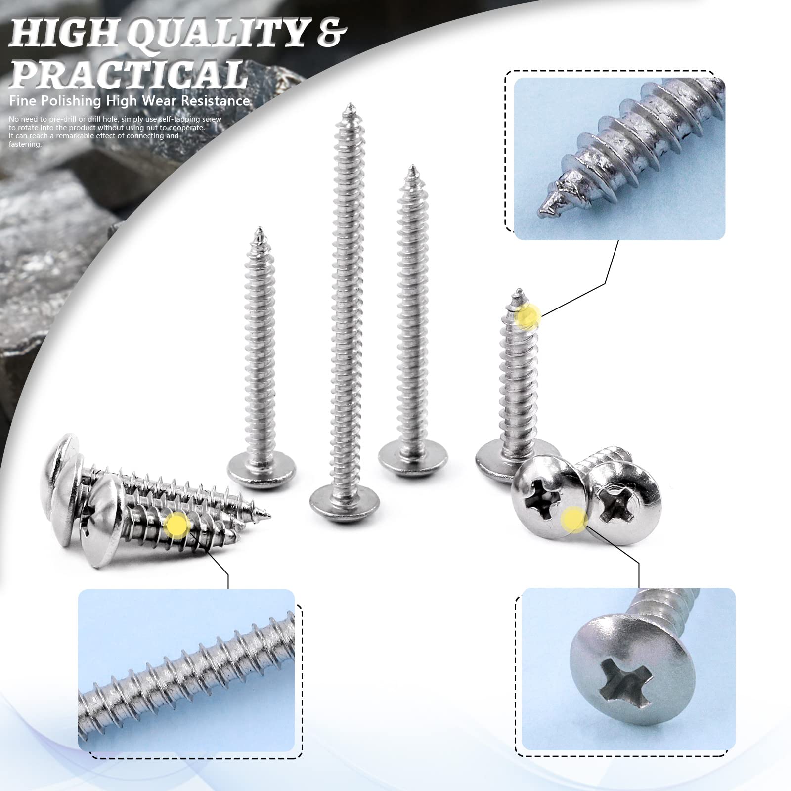 Glarks 250Pcs M3 M4 M5 M6 Metric 304 Stainless Steel Phillips Truss Head Sheet Metal Tek Screws Assortment Kit - Image 4